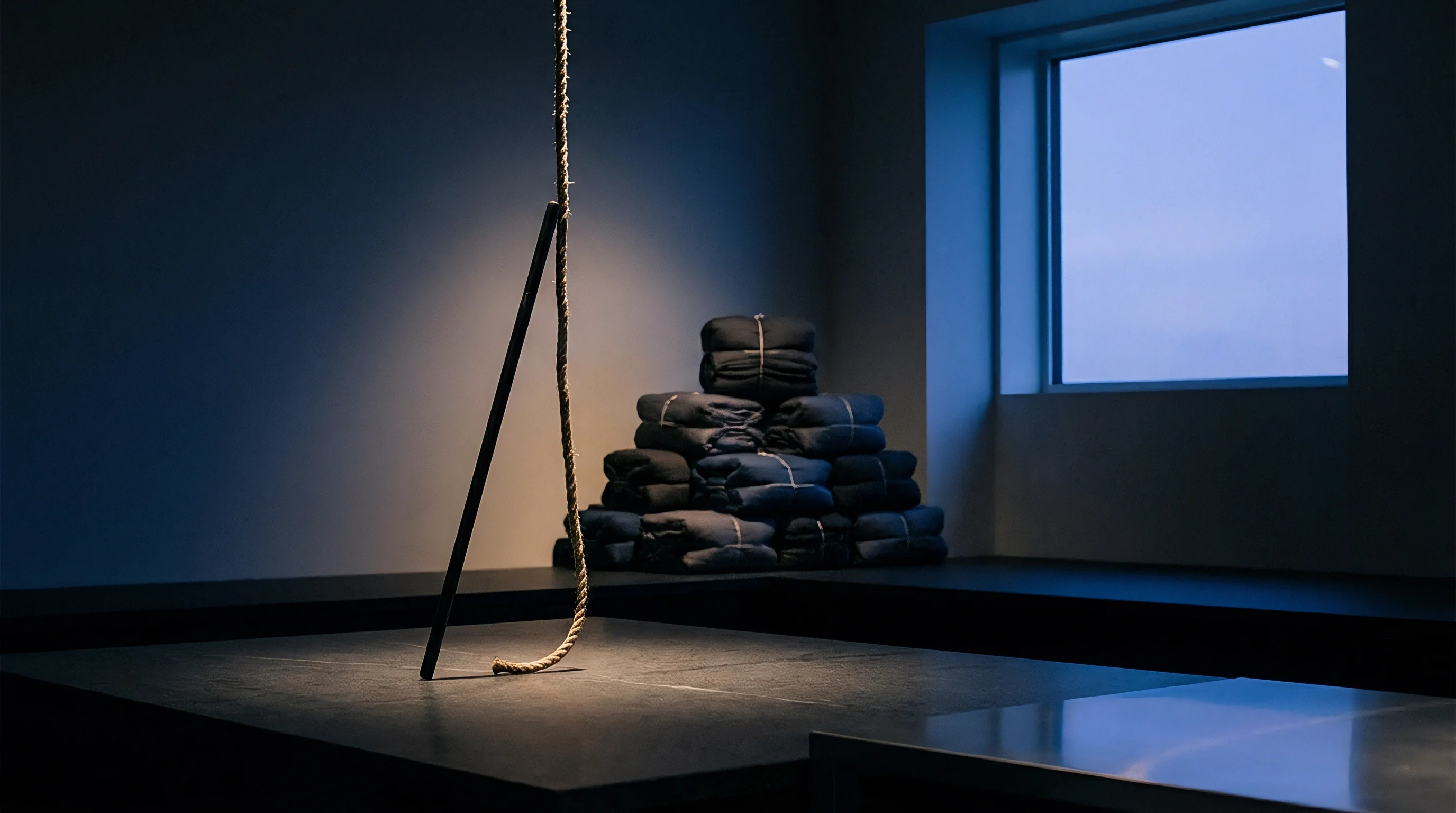 A hanging bast fibre rope rests on a dark platform beside stacked bundles of folded linen fabric in a museum gallery.