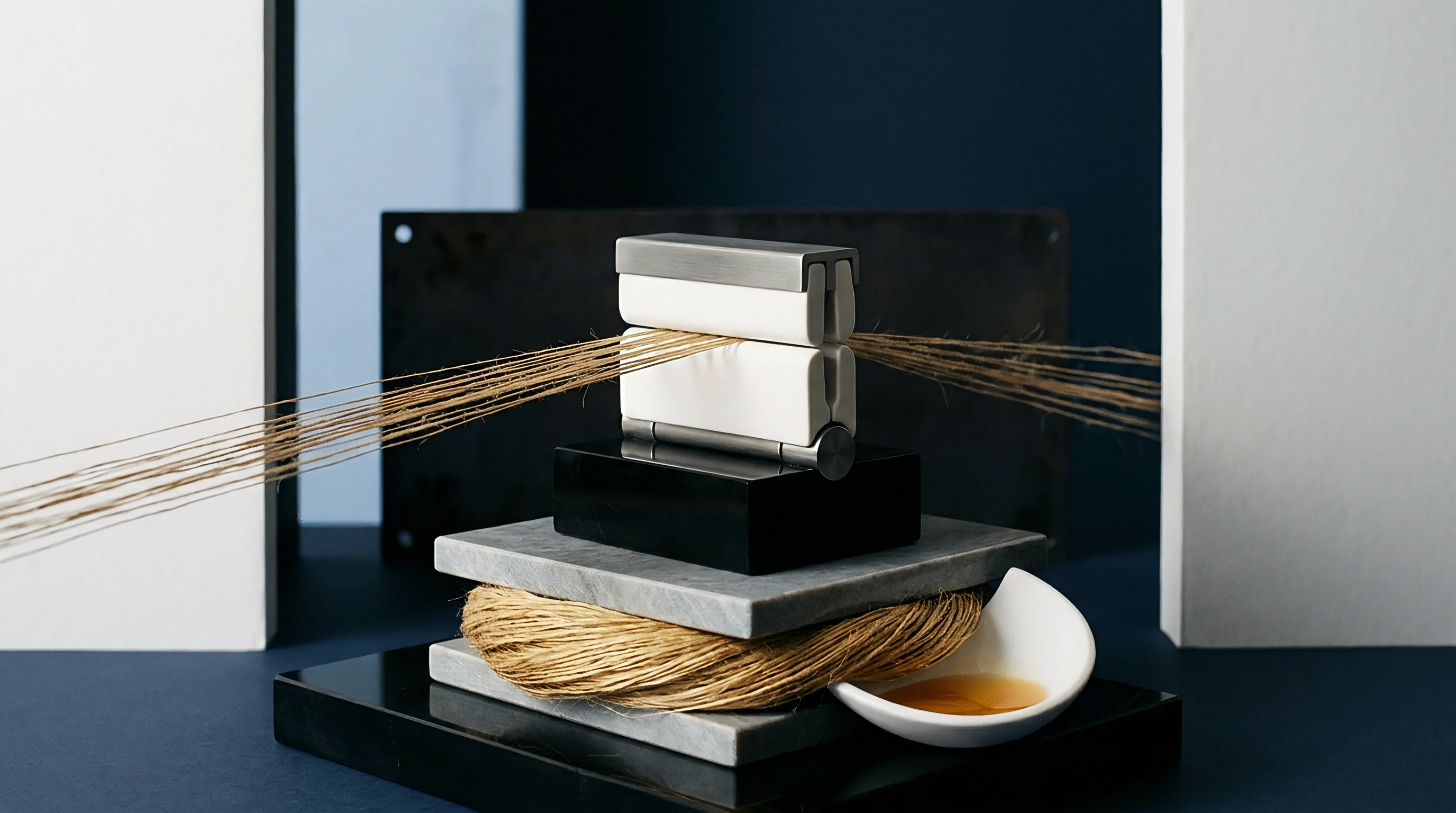 Raw flax fibres pass through a minimalist clamp device mounted on marble slabs beside a coil of unspun material and a bowl of golden oil.