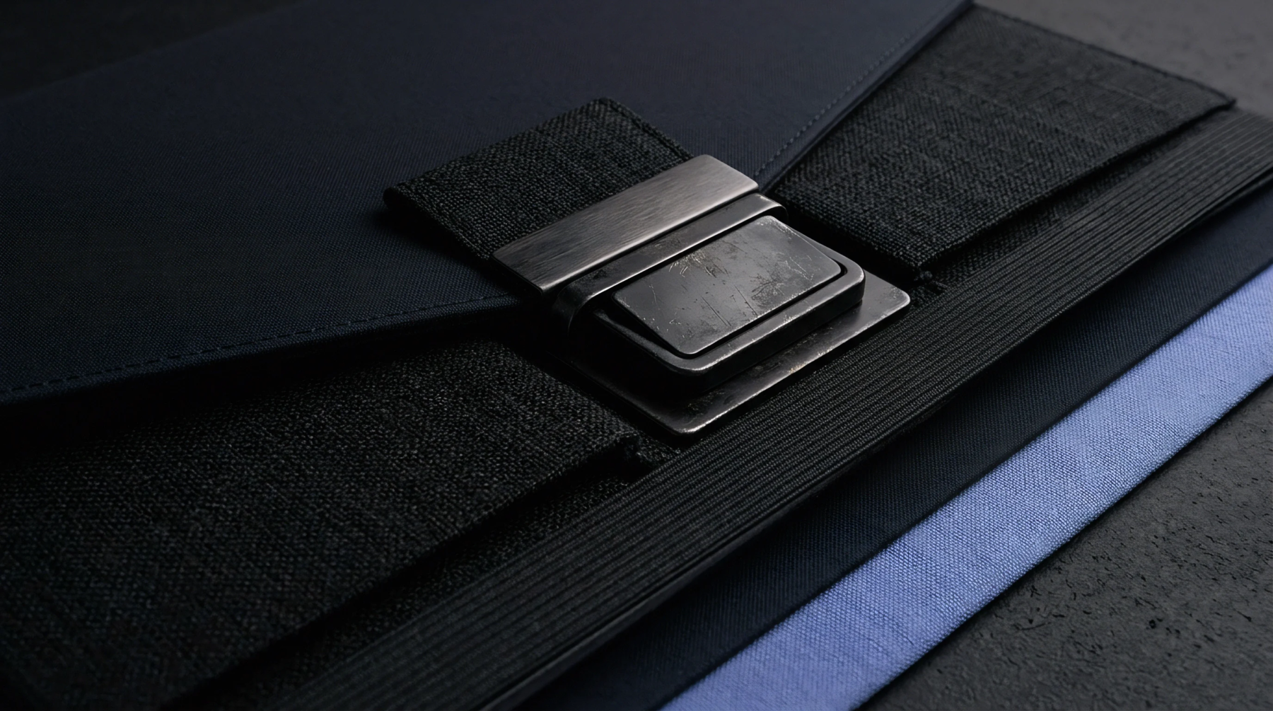 A close-up view of a dark blue woven textile portfolio or sleeve featuring a dark metal rectangular clasp and integrated elastic bands.