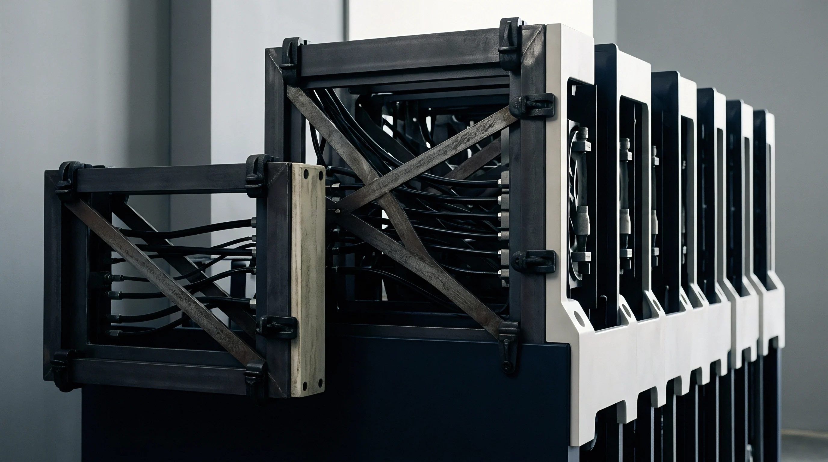 Modular metallic units with integrated cables and steel frames align in a series to secure textile materials within an industrial production facility.