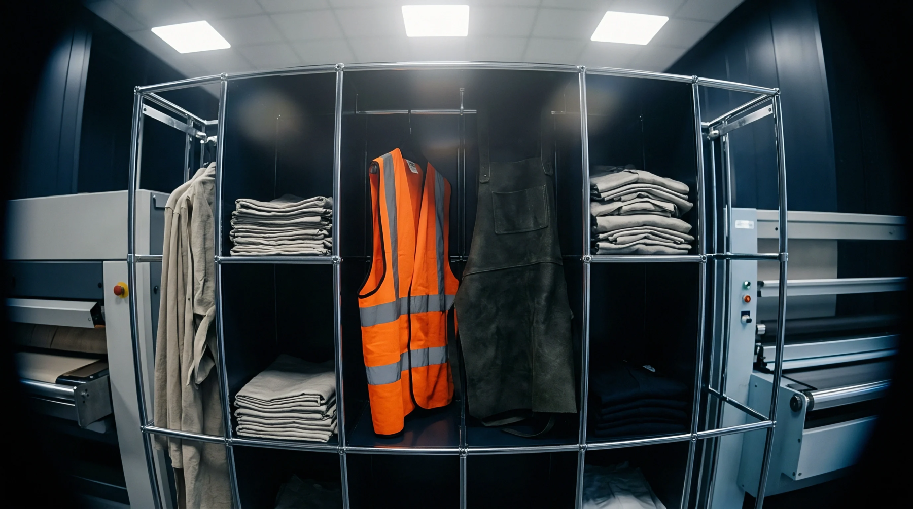 Neatly stacked woven textile rolls and safety garments rest on industrial metal shelving units within a textile manufacturing or garment production facility environment.