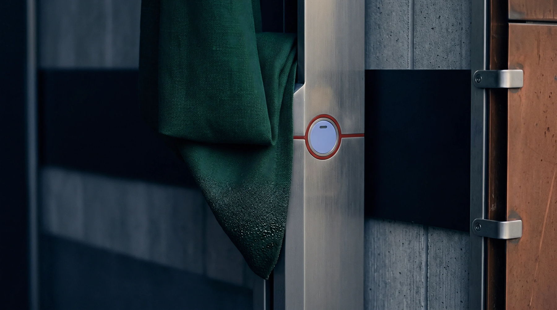 Damp green woven flax fabric hangs over a brushed metal industrial control fixture mounted upon a concrete wall.