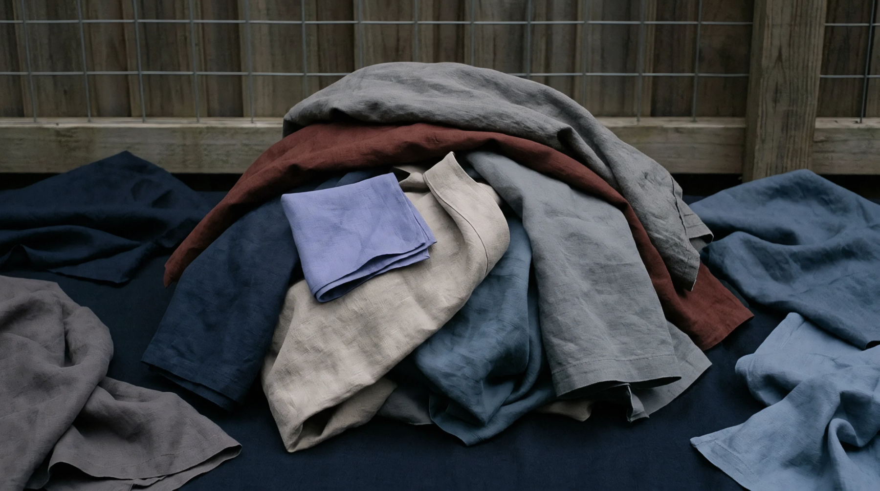 A variety of draped linen textiles in muted earth and blue tones are presented on a dark surface before a rustic wooden backdrop.