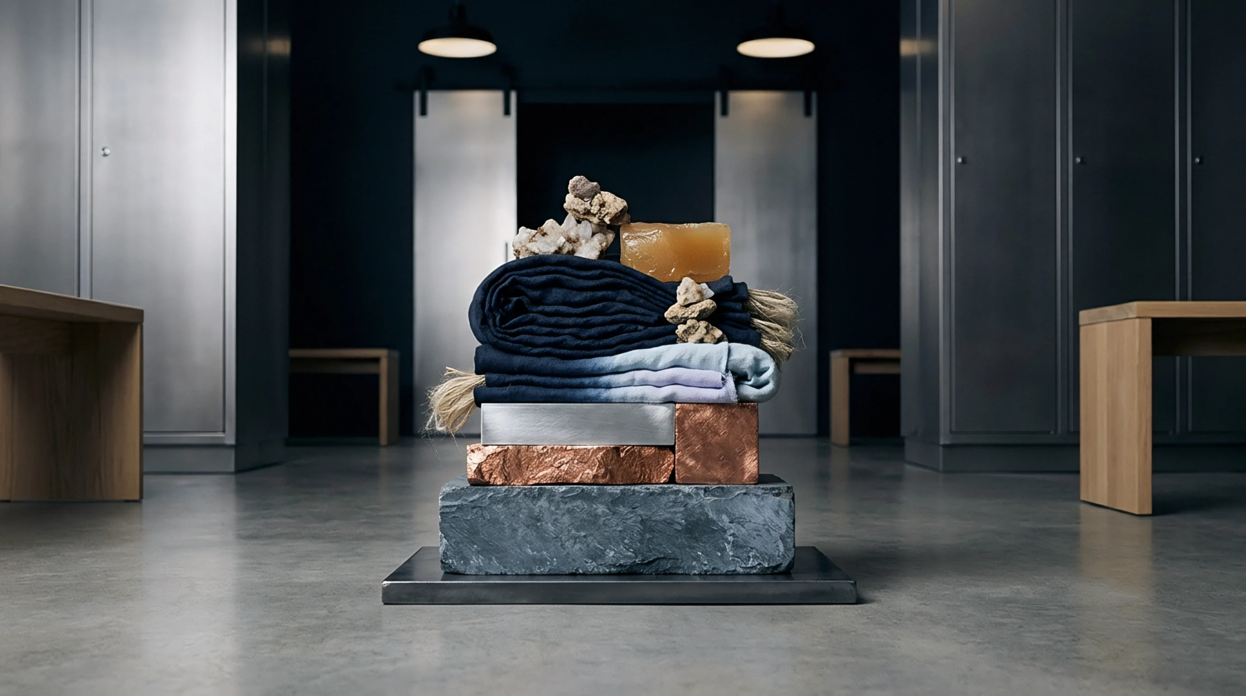 Indigo dyed linen textiles rest atop layered slabs of raw metal copper and stone in a minimalist industrial storage facility.