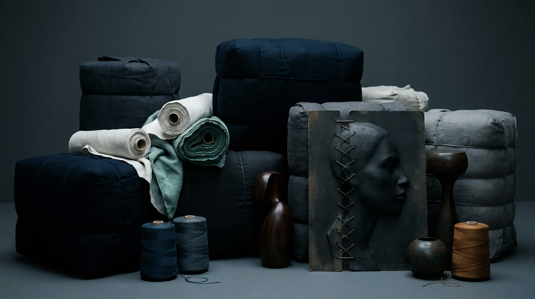 Various rolls of natural fibre fabric and stacked cushions arranged with spools of thread and dark sculptural objects in a studio setting.