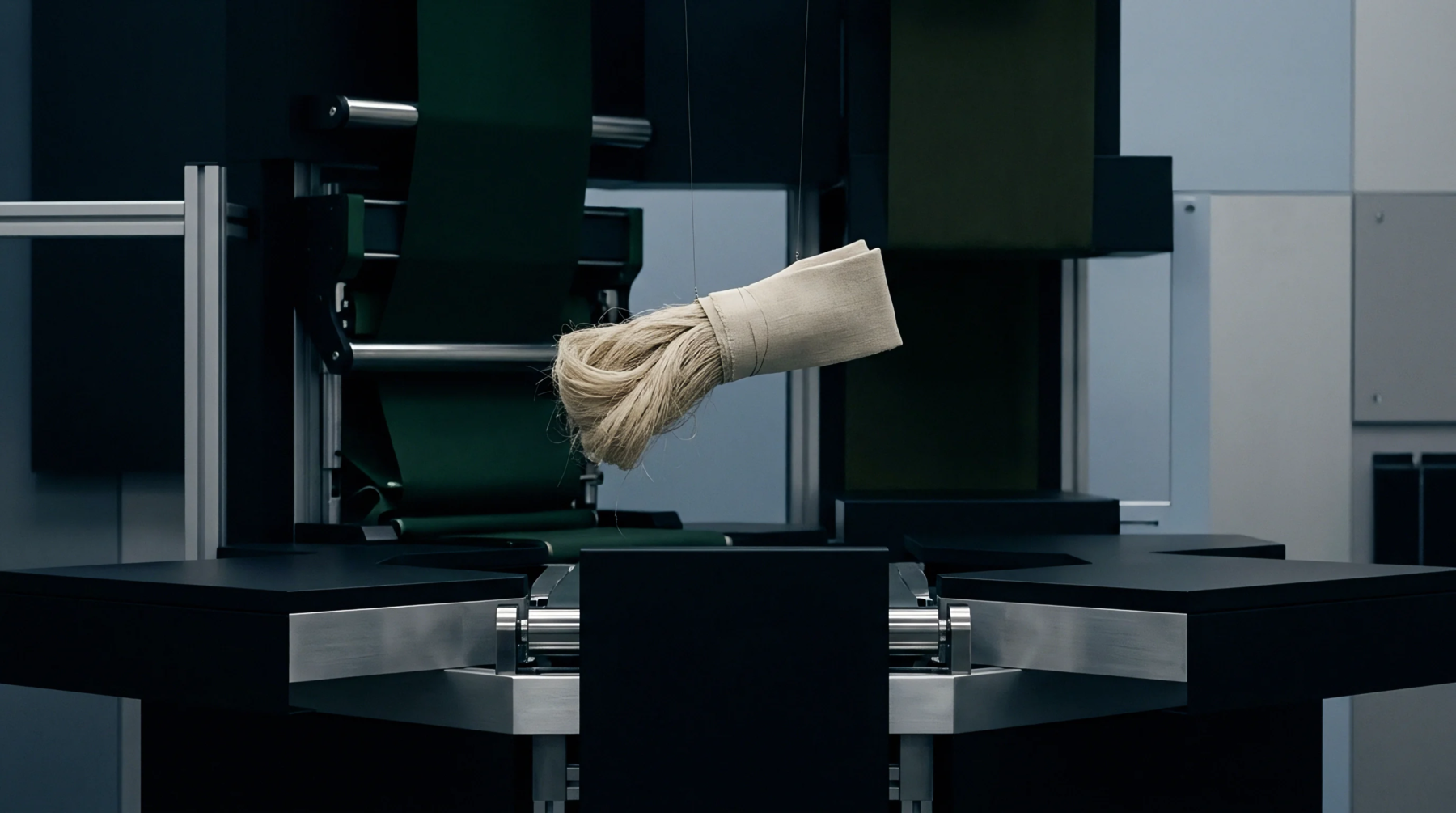 A bundled hank of pale flax fibre hangs suspended by fine filaments inside an automated textile spinning factory.