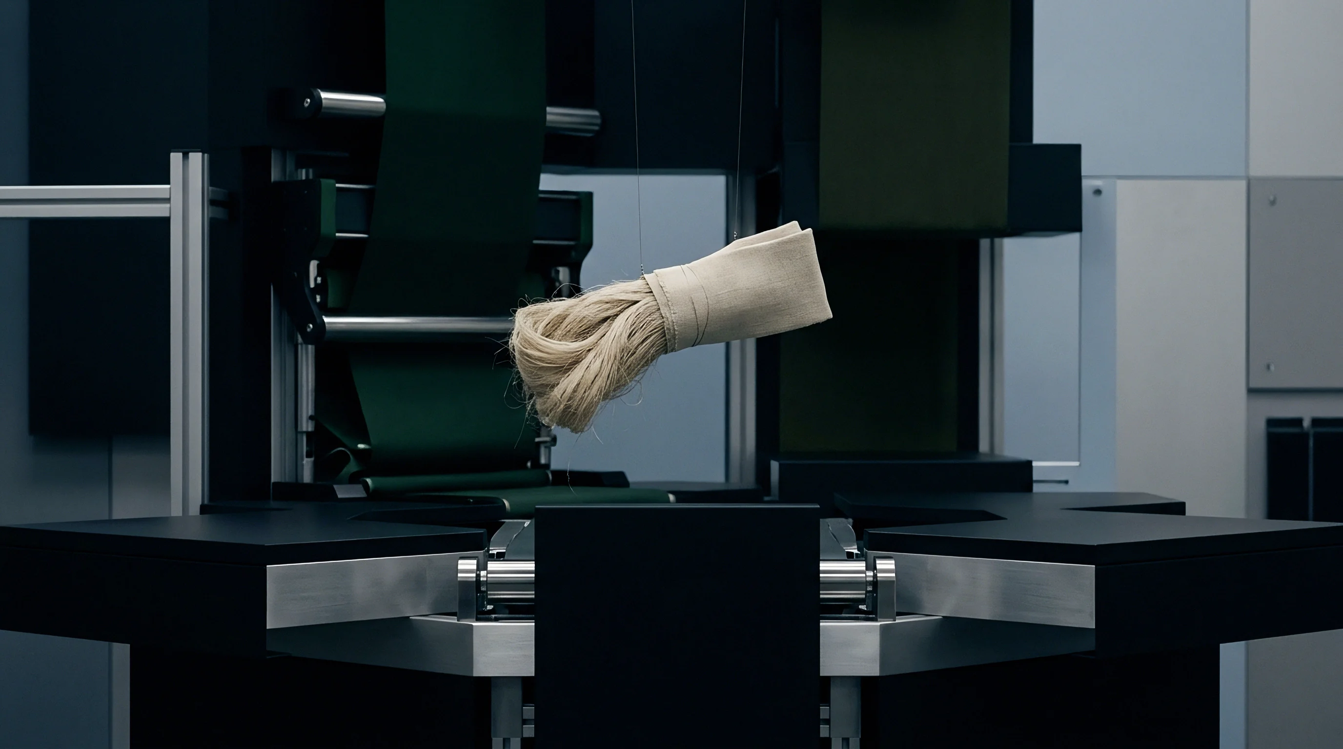 A bundled hank of pale flax fibre hangs suspended by fine filaments inside an automated textile spinning factory.