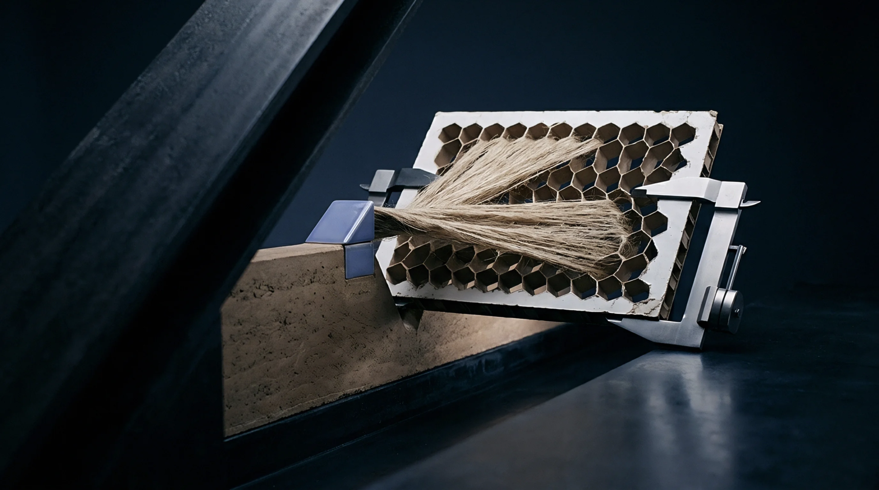 Unspun flax fibres bridge hexagonal cells of a structural core mounted within a steel tensile testing machine inside a dark laboratory.