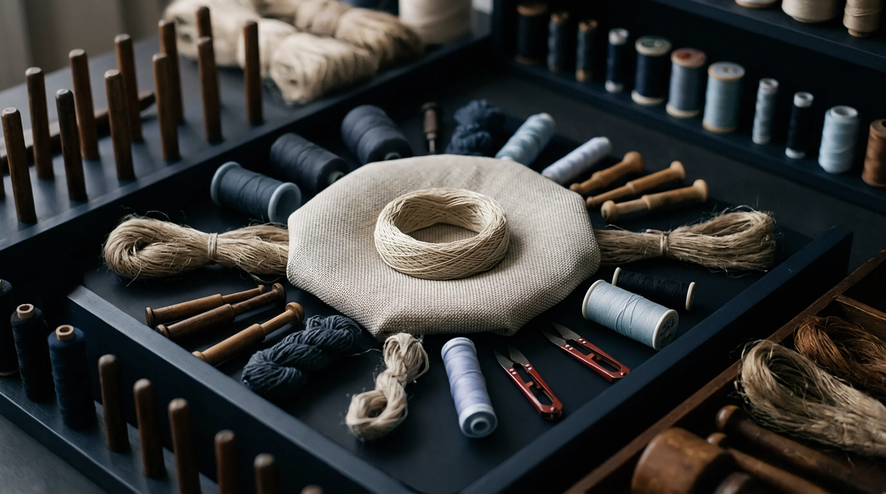 Raw flax hanks, dyed yarn spools, wooden spindles, and woven bast fabric occupy a dark workshop table arranged for textile creation.