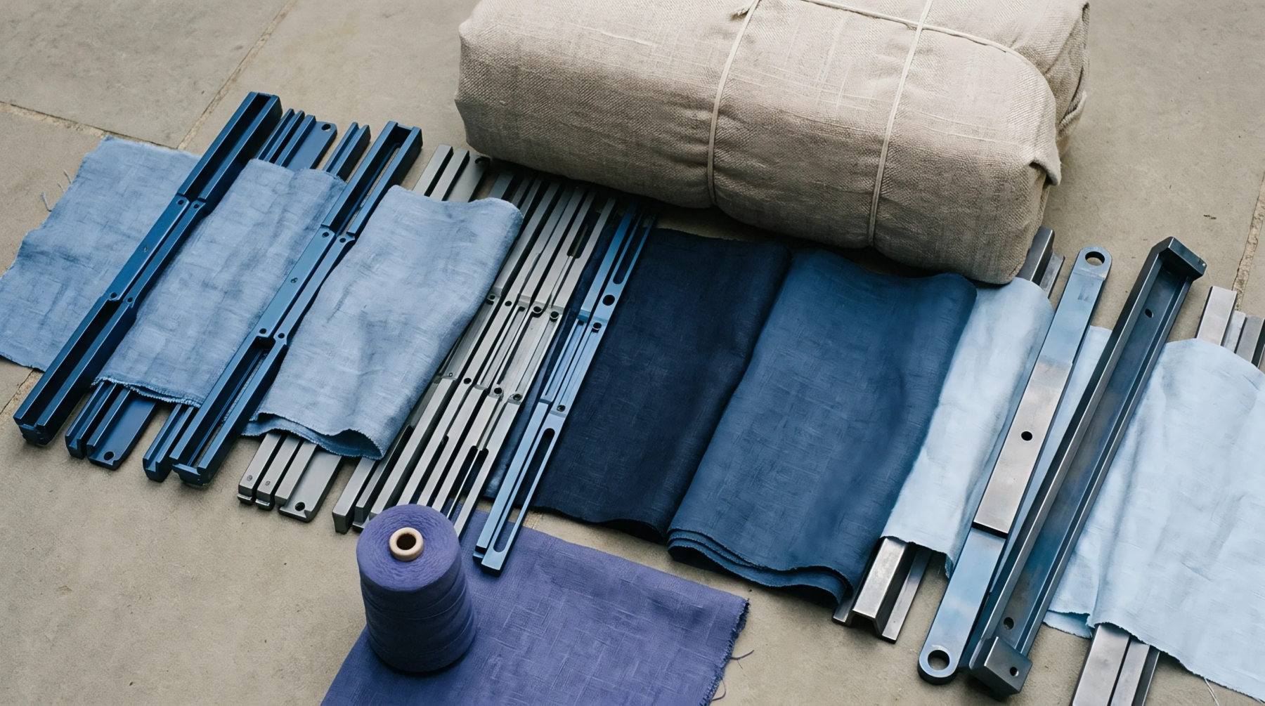 Arranged on a flat stone surface are indigo dyed textiles alongside metal loom components a yarn spool and a large hessian bale.