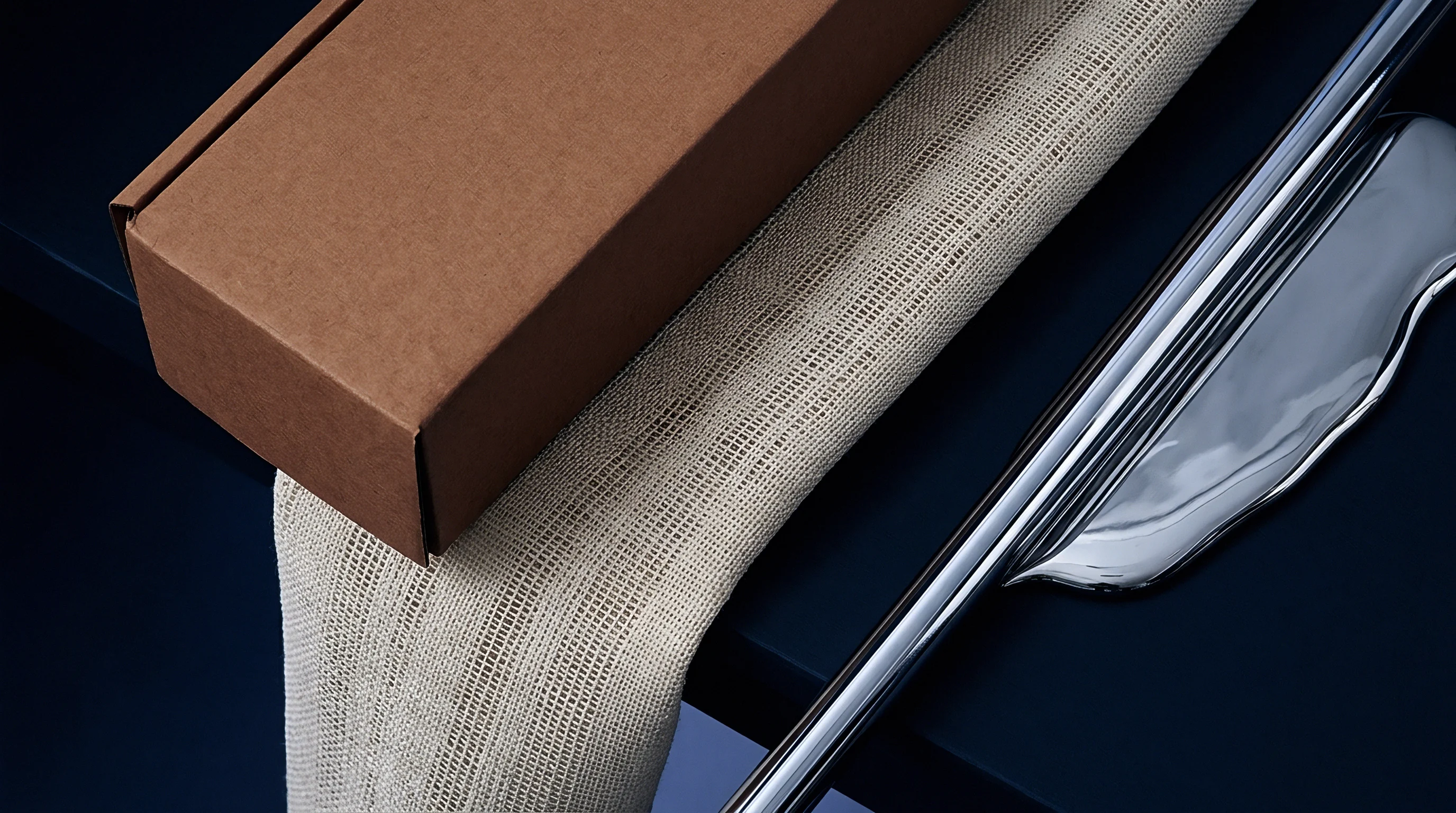 Brown cardboard packaging holds a woven linen fabric strip displayed alongside a polished steel guide on a deep blue surface.