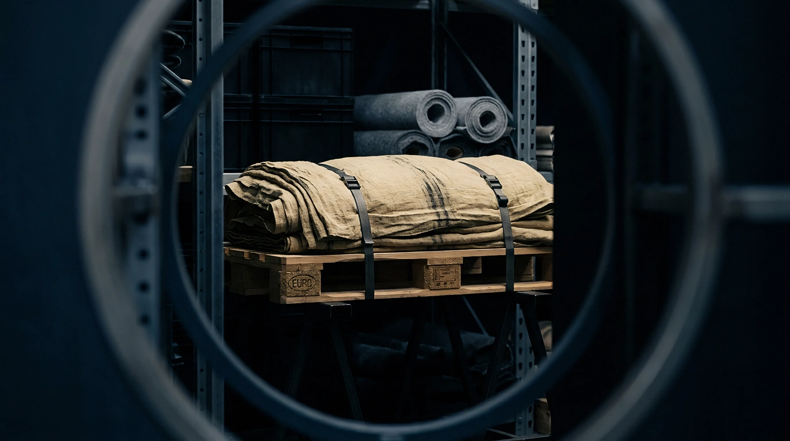 A stack of woven textile folded onto a wooden pallet rests inside a dark industrial warehouse facility on metal shelving.