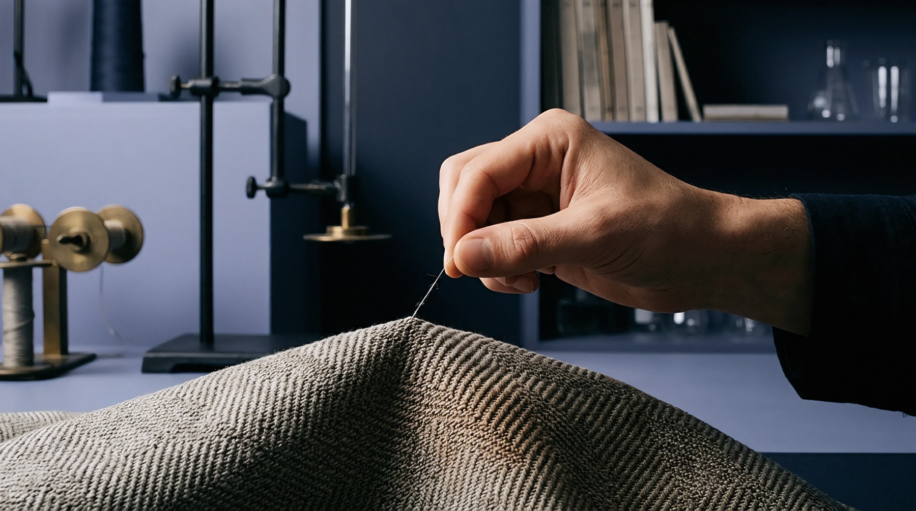 An artisan hand extracts a single filament from a woven cloth sample resting on a workshop workbench.