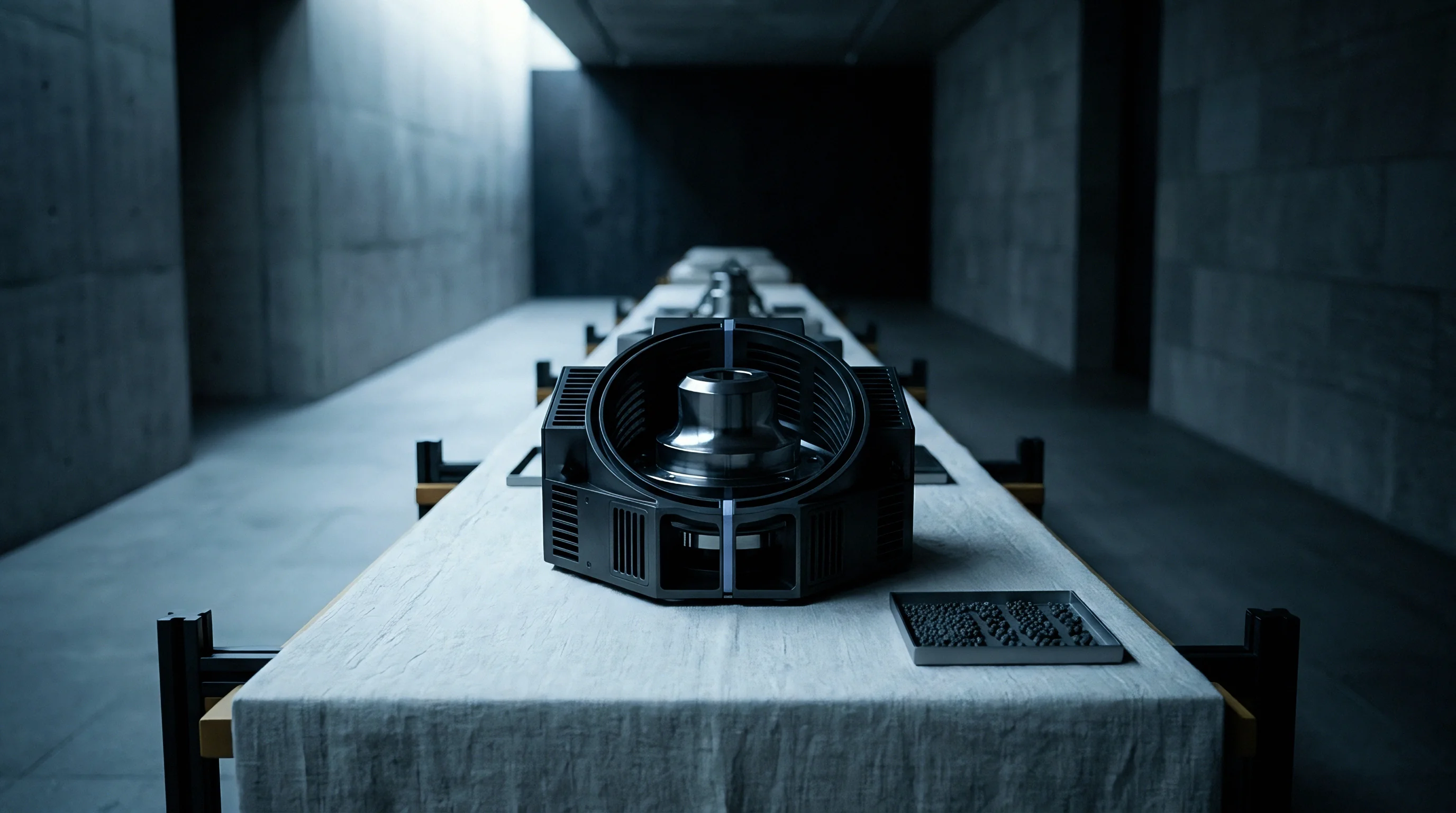 An industrial processing machine sits on a long white woven linen cloth inside a concrete testing facility.