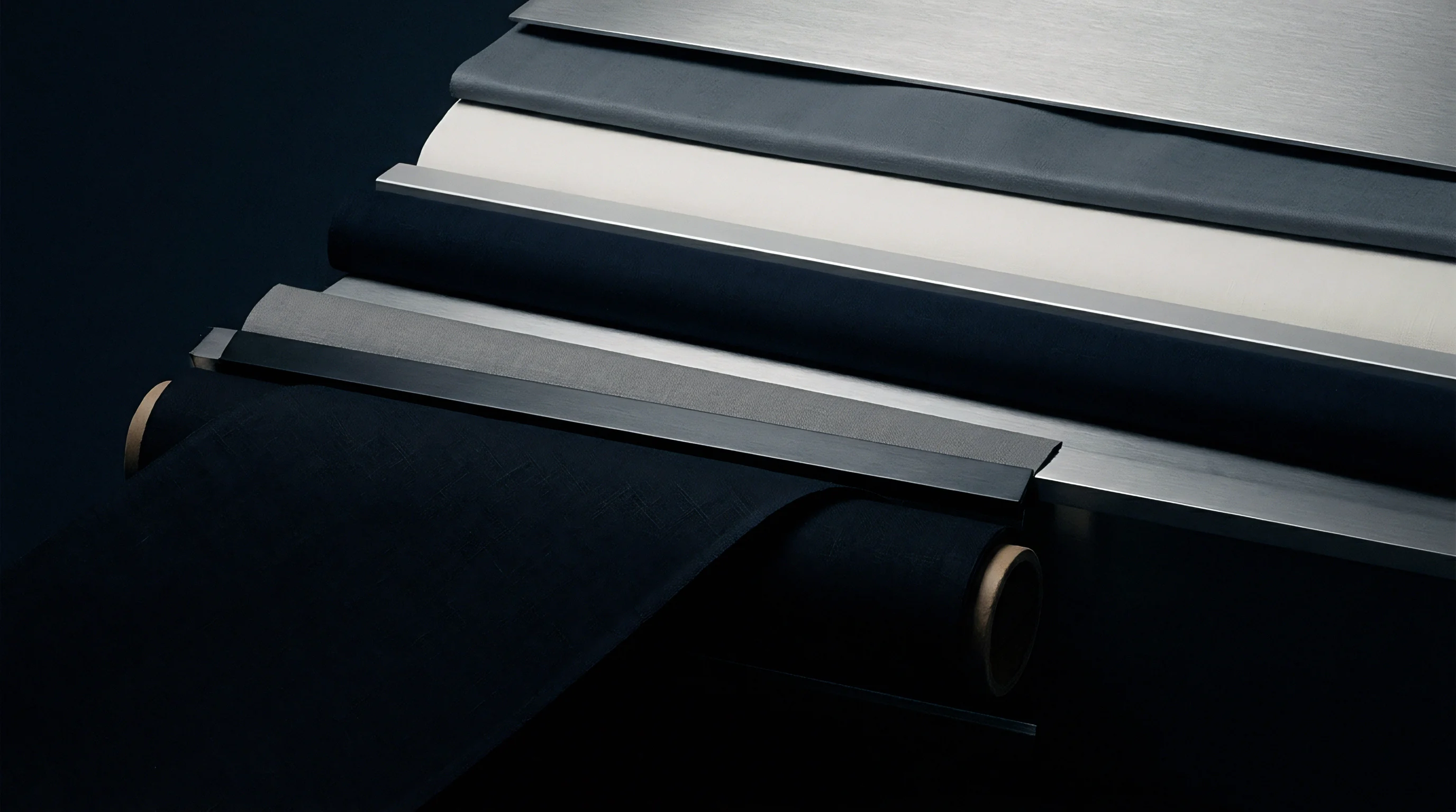 Multiple layers of finished woven cloth feed into a mechanical guide on an automated industrial cutting and laminating machine.