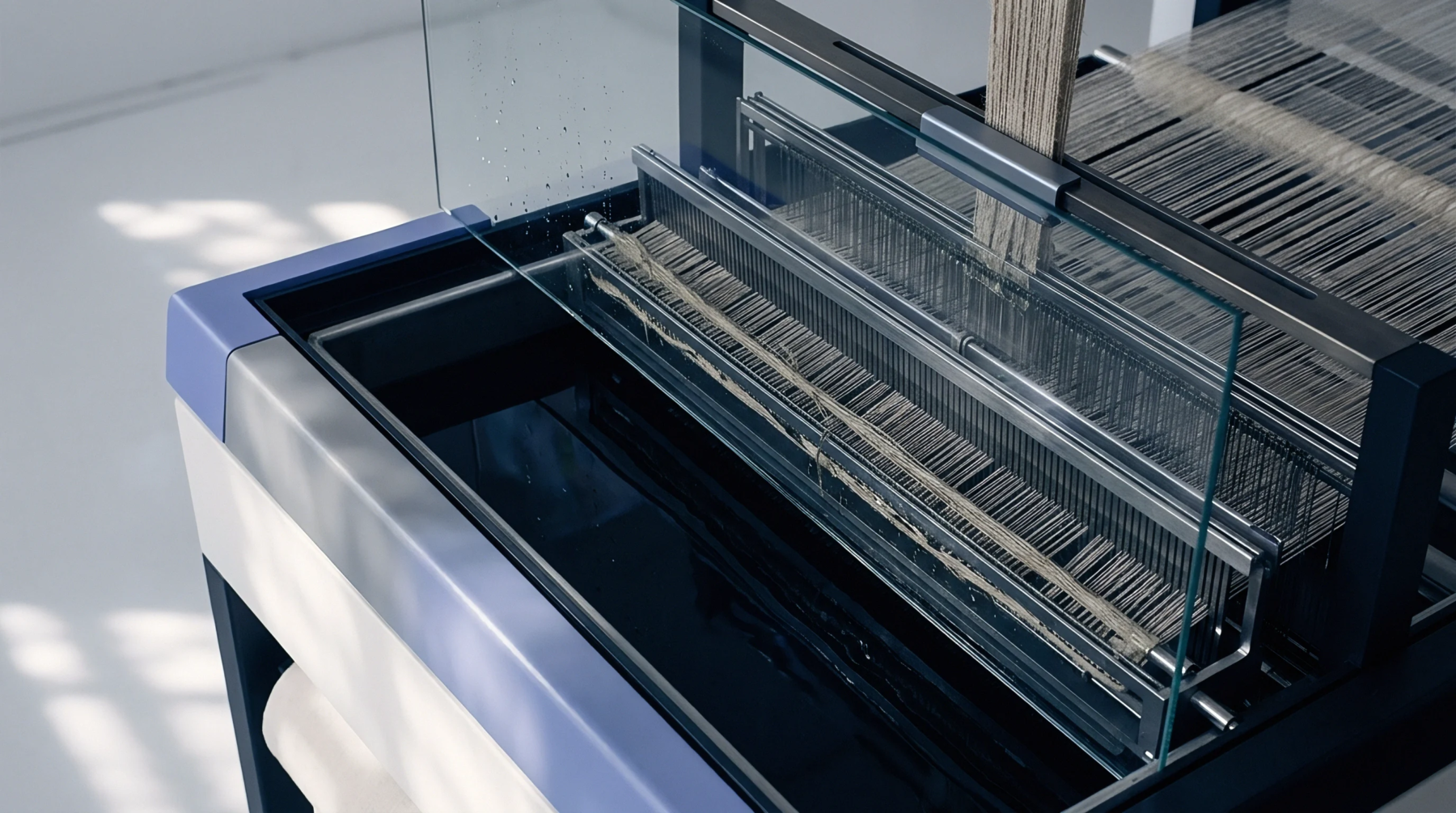 A horizontal power loom processes multiple strands of natural flax fibre through a clear protective barrier in a sterile production facility.