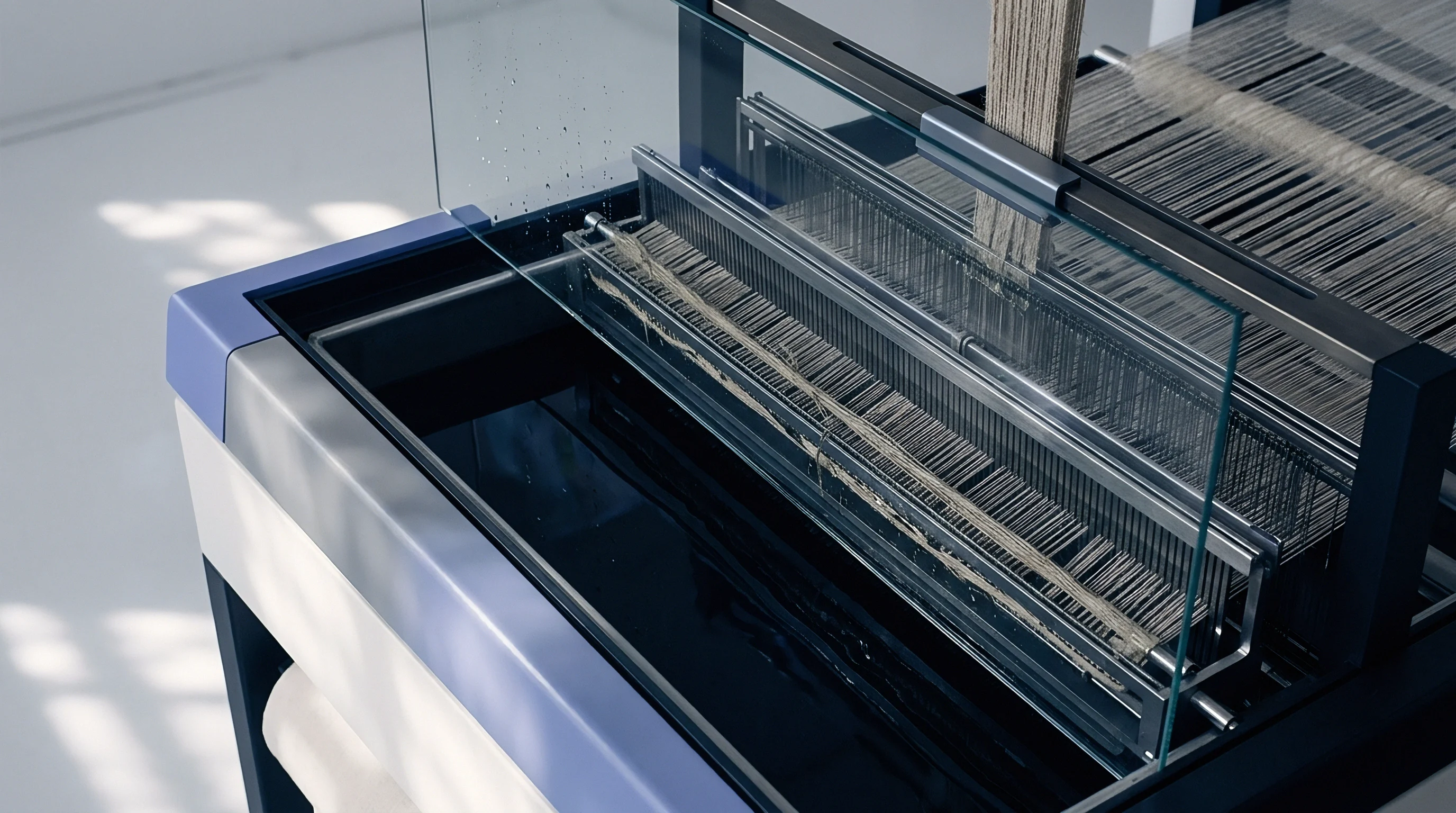 A horizontal power loom processes multiple strands of natural flax fibre through a clear protective barrier in a sterile production facility.