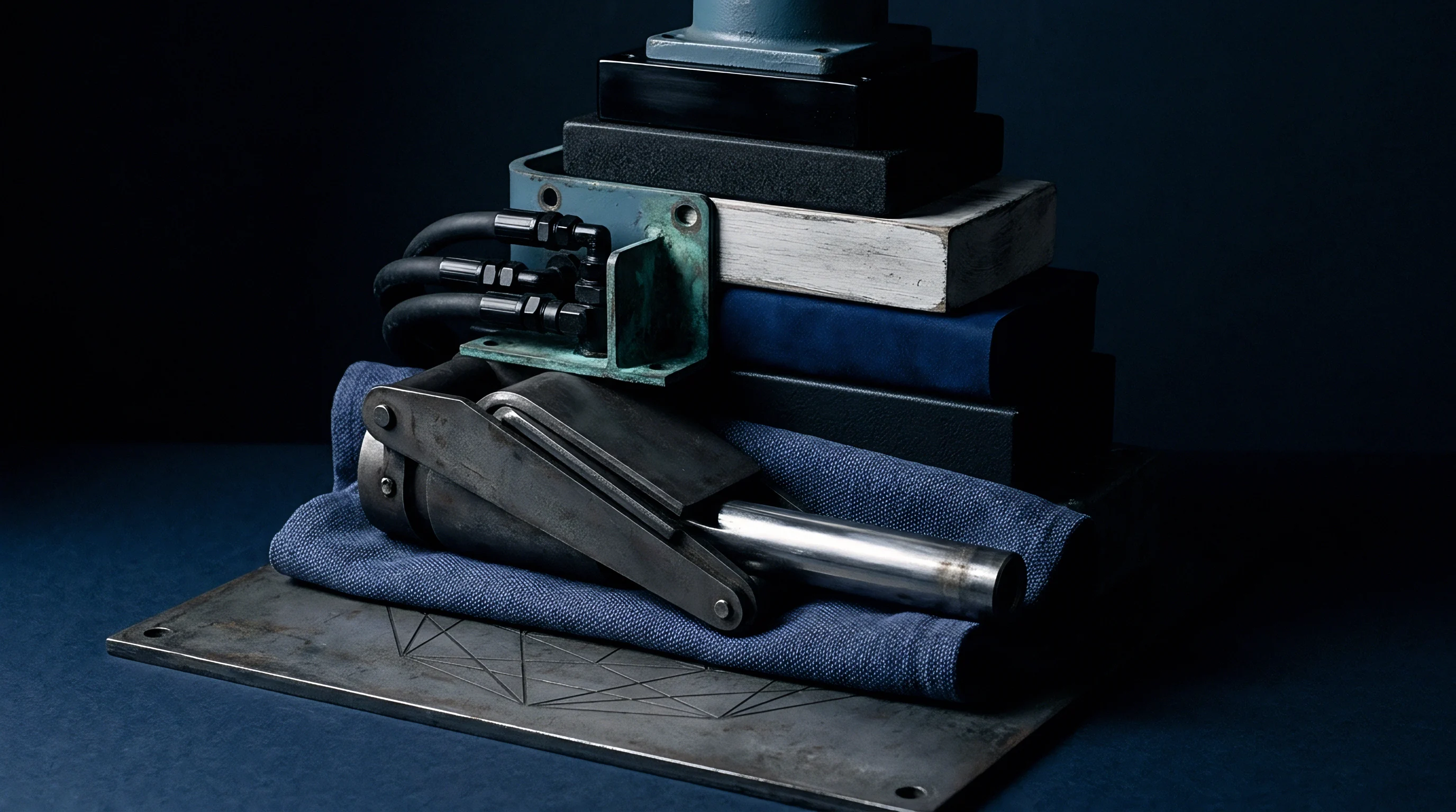 Heavy mechanical components and assembled metal machinery parts rest on a folded blue woven linen cloth against a dark background.