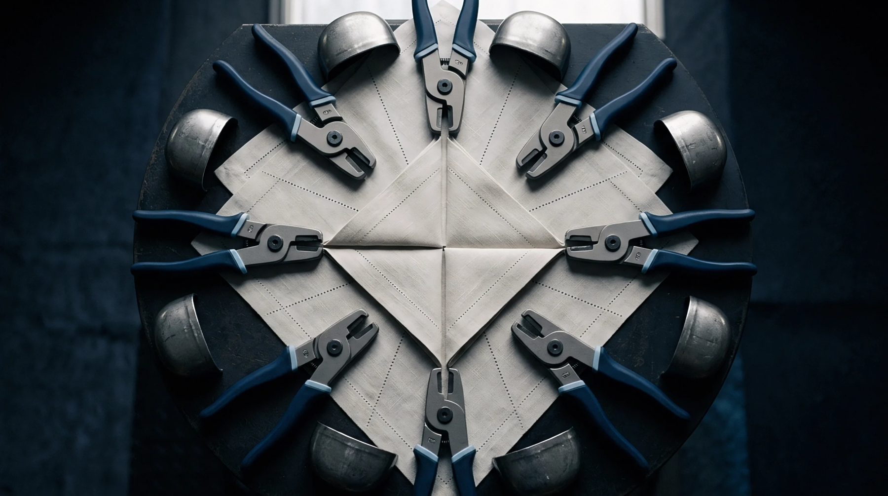 Folded woven flax cloth and metal alignment tools sit arranged in a radial geometric pattern on a dark industrial surface.