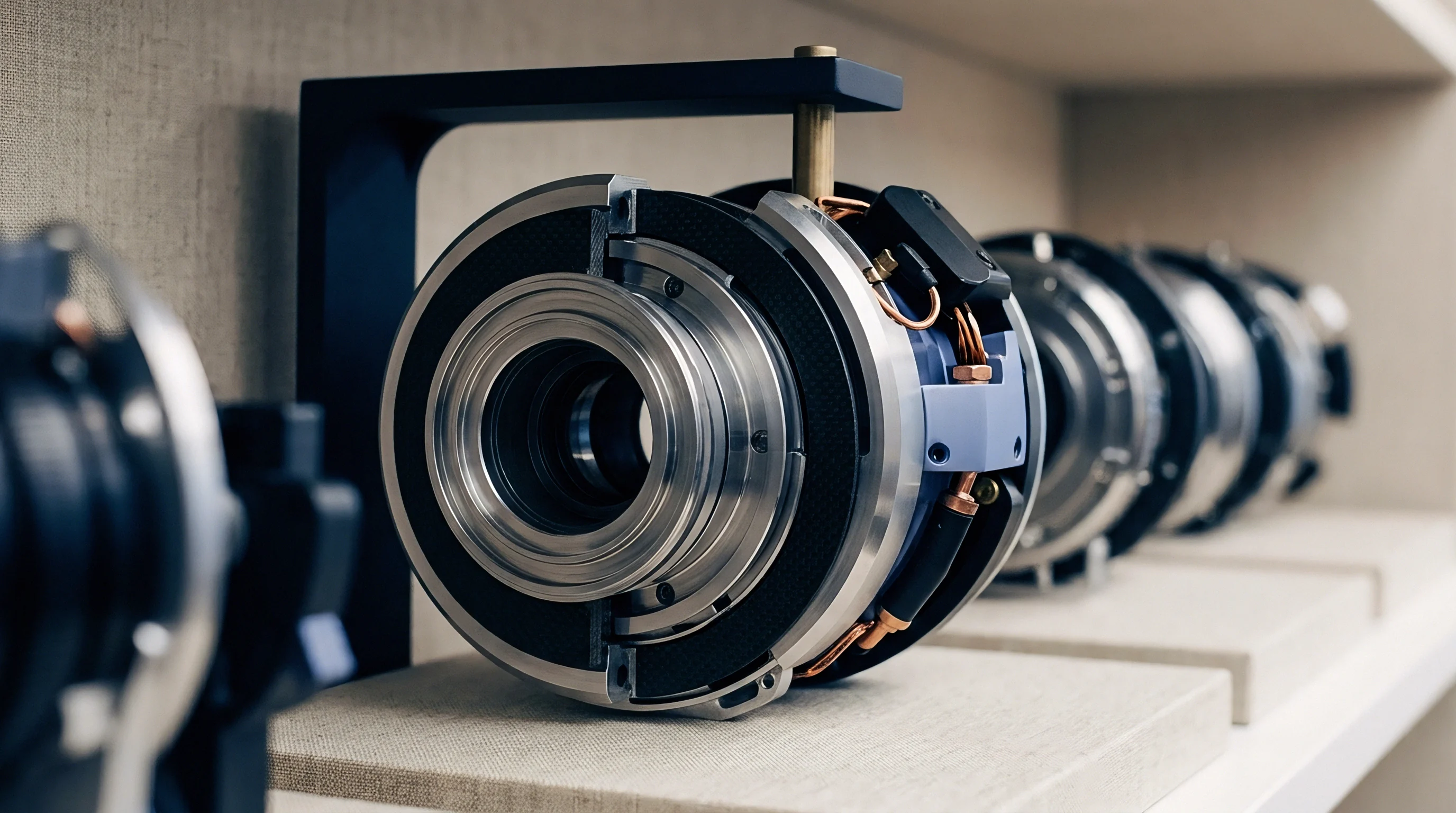 Assembled metallic textile spinning heads and copper control lines rest on fitted support fixtures inside a manufacturing workshop.