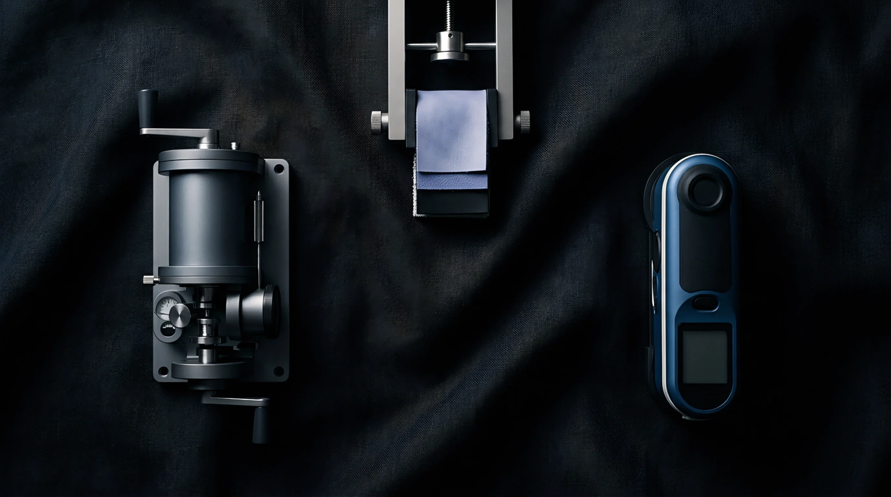Mechanical twist testers alongside fabric swatches and digital spectrophotometers rest upon dark woven linen during technical laboratory analysis.