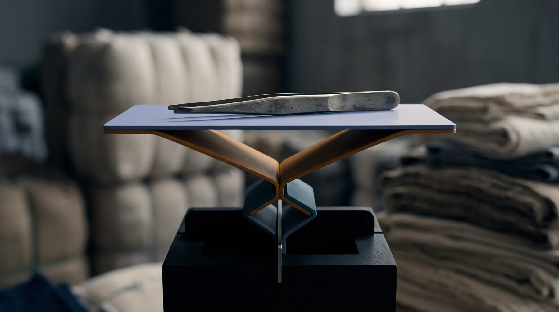 Metal tweezers rest on a lavender platform of a testing device in a digital render set within a warehouse containing fiber bales.