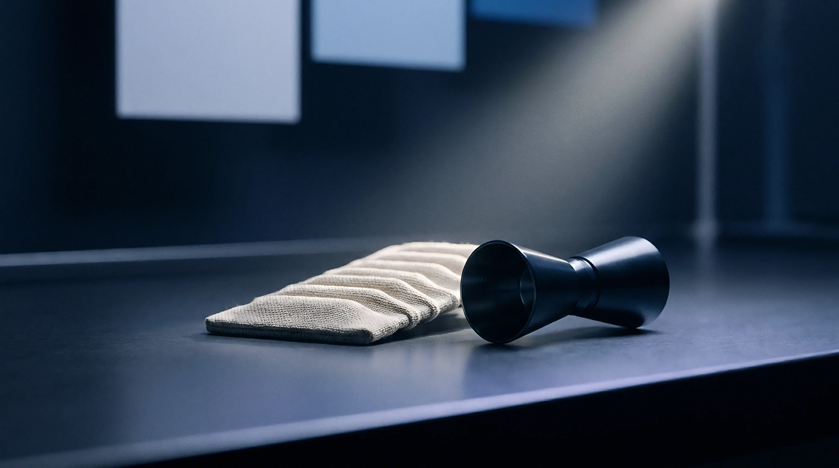 A matte black winding apparatus sits beside stacked woven flax textile strips on a dark industrial workbench under directional studio illumination.