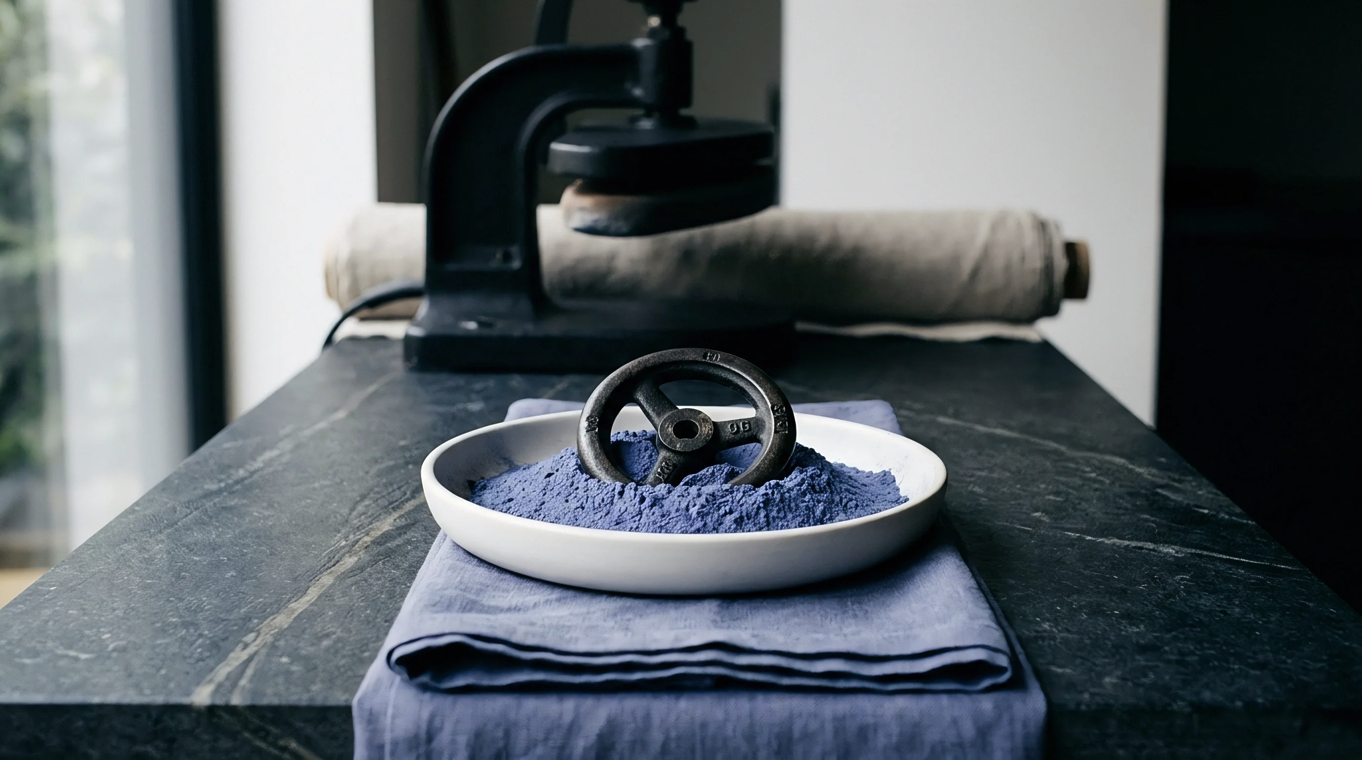 A ceramic dish holding fine purple dye powder and a heavy metal wheel sits upon a dark stone workbench inside a textile studio.