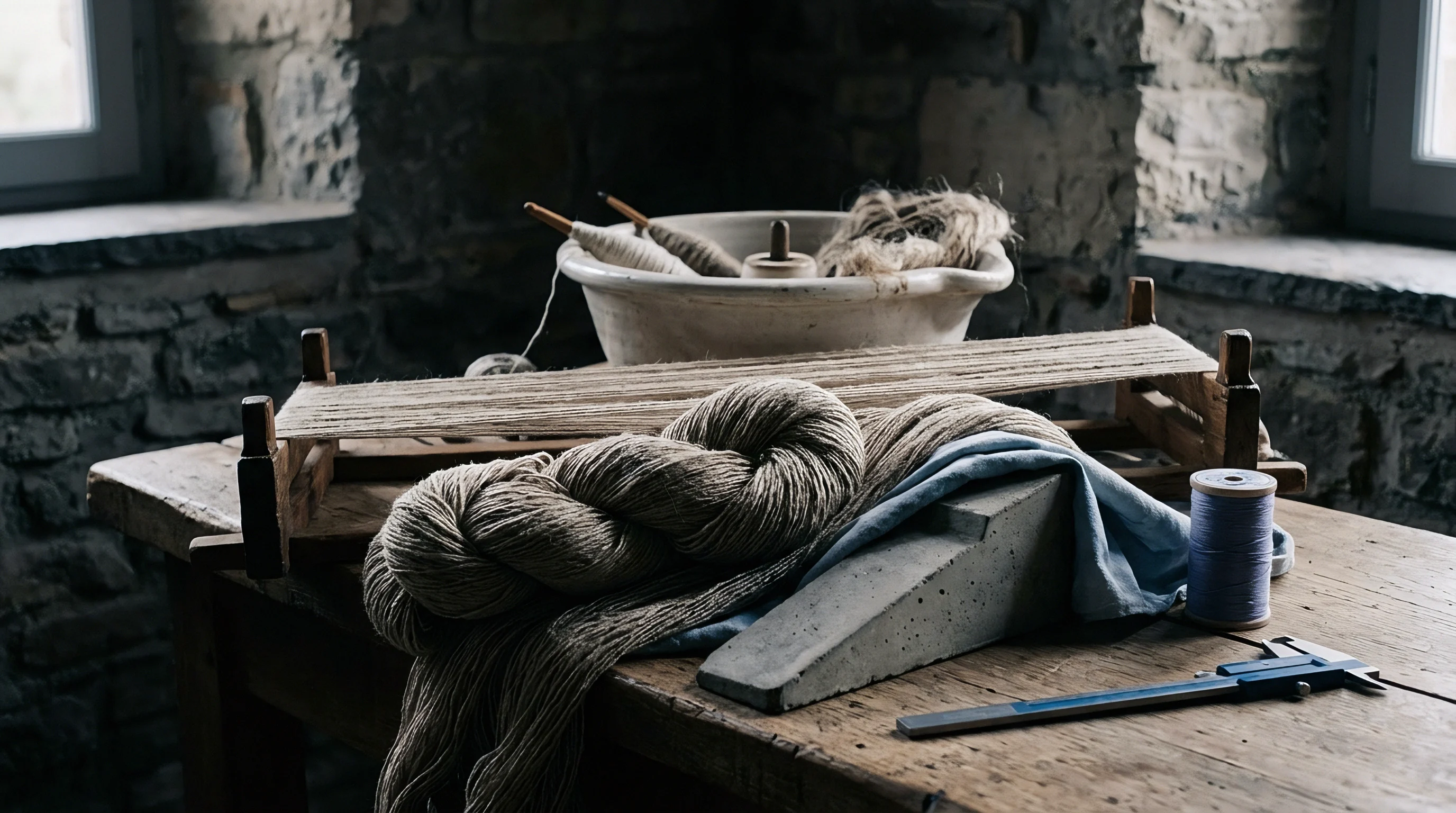 A wooden table supports a manual loom assembly alongside bundles of flax fibre twisted yarn and spools of thread near a stone wall.