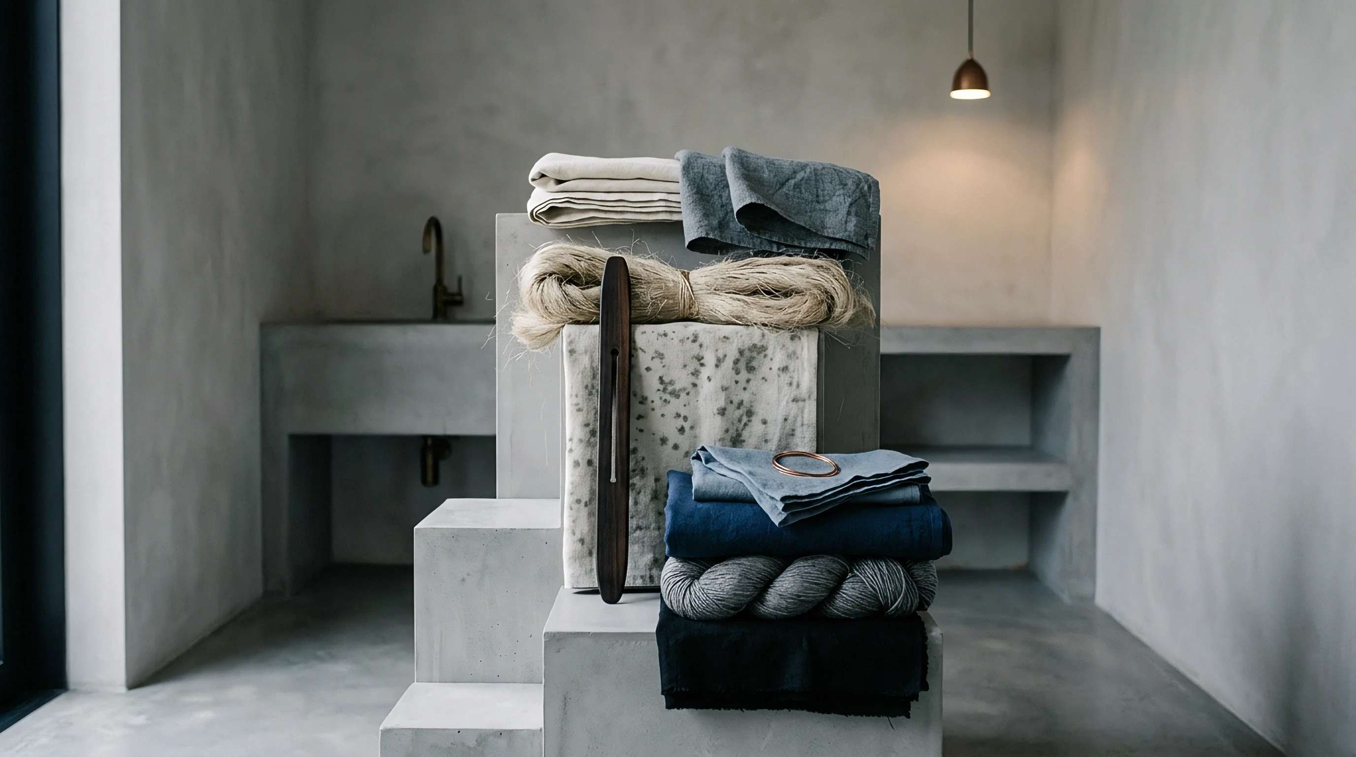 Bundles of raw flax fibre rest above stacks of folded blue and dark indigo linen cloth arranged on architectural concrete plinths.
