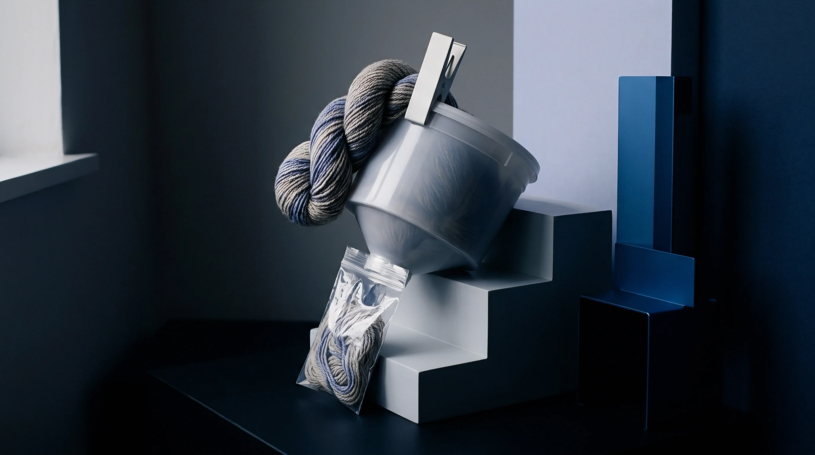 A hank of plied flax yarn loose grey roving inside a graduated funnel and a sealed sample packet on geometric plinths.