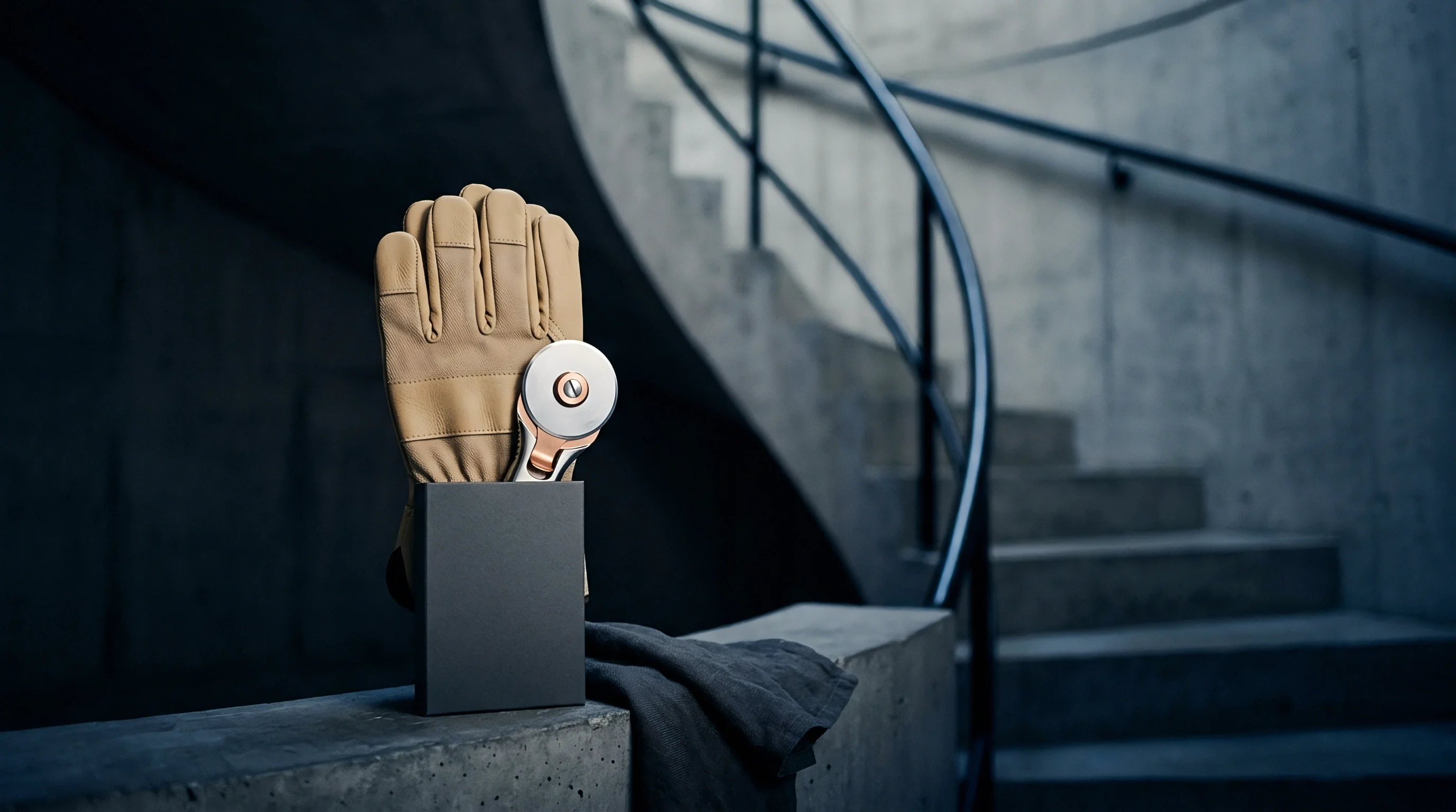 A leather work glove and a steel rotary cutting tool rest inside a dark upright container positioned upon a concrete architectural ledge.