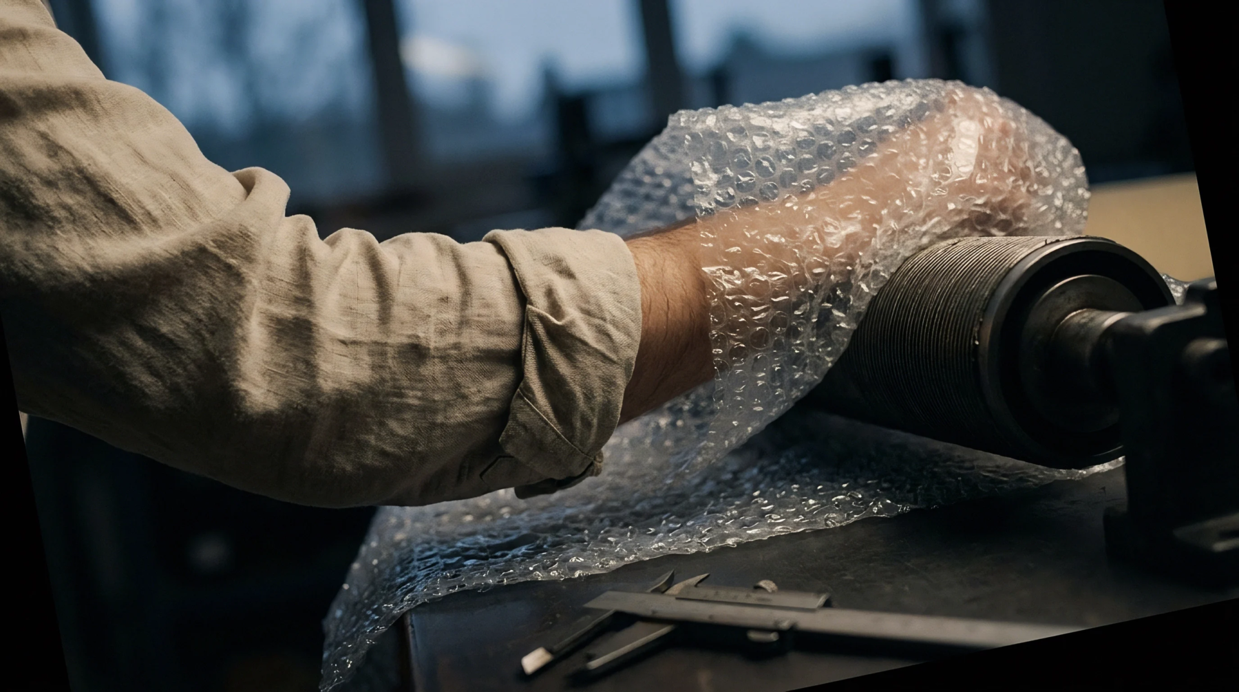 Worker wearing a linen shirt wraps a metal industrial roller in plastic film upon a workbench near steel calipers.