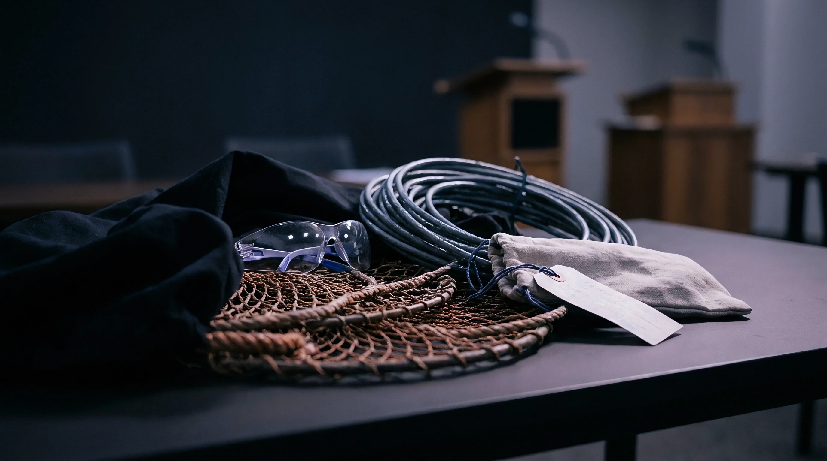 Certified textile samples rest on a dark workbench alongside safety equipment and coiled production cables inside an inspection room.