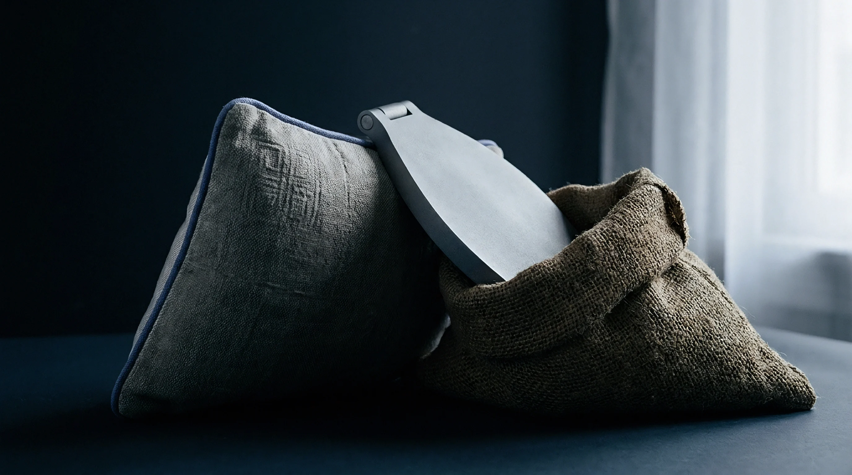 A structured hessian fiber sack rests beside a heavy woven grey cushion and a metallic folding inspection tool on a dark surface.