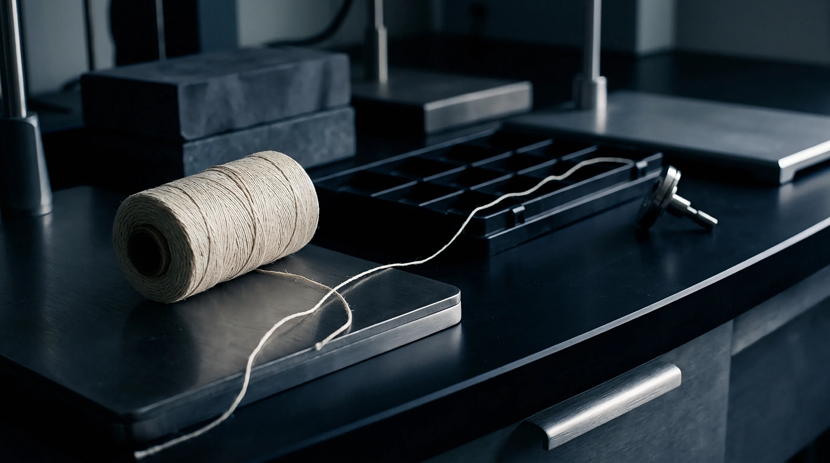 A spool of natural fiber twine rests on a dark workbench in a setting suggestive of early textile production and material preparation.