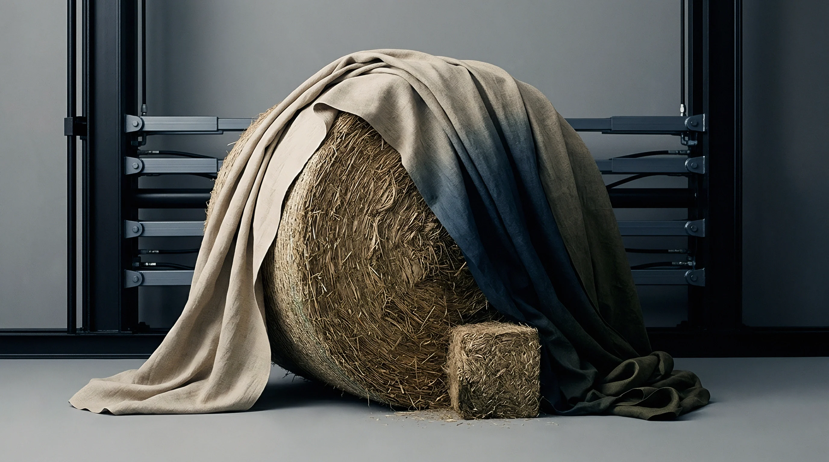 Raw agricultural flax bales paired with a shaded indigo woven linen cloth rest inside a mechanical production studio.