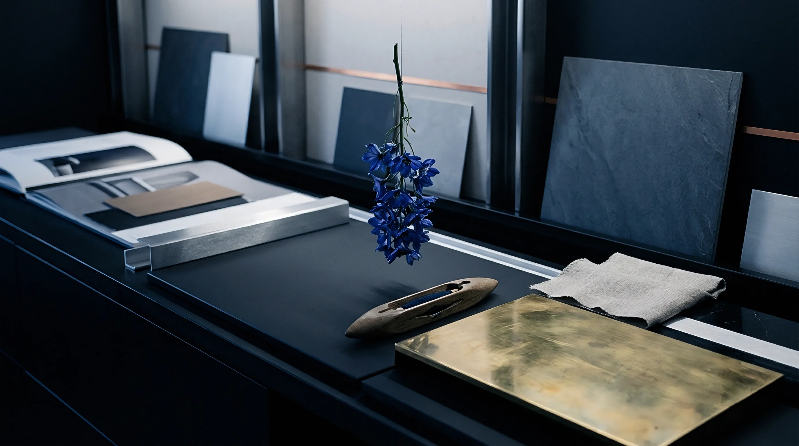 Dark tabletop surface displays textile swatches stone tiles a wooden weaving shuttle and hanging blue flax flowers.