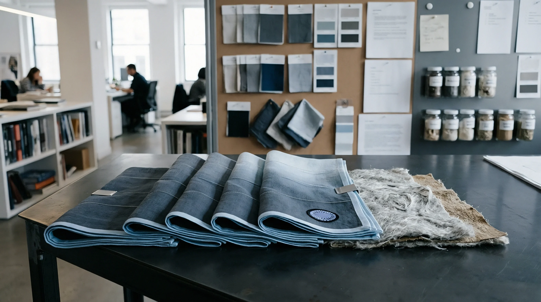 Raw flax tow and indigo dyed woven fabric samples rest upon a dark metal table inside a material development workspace.