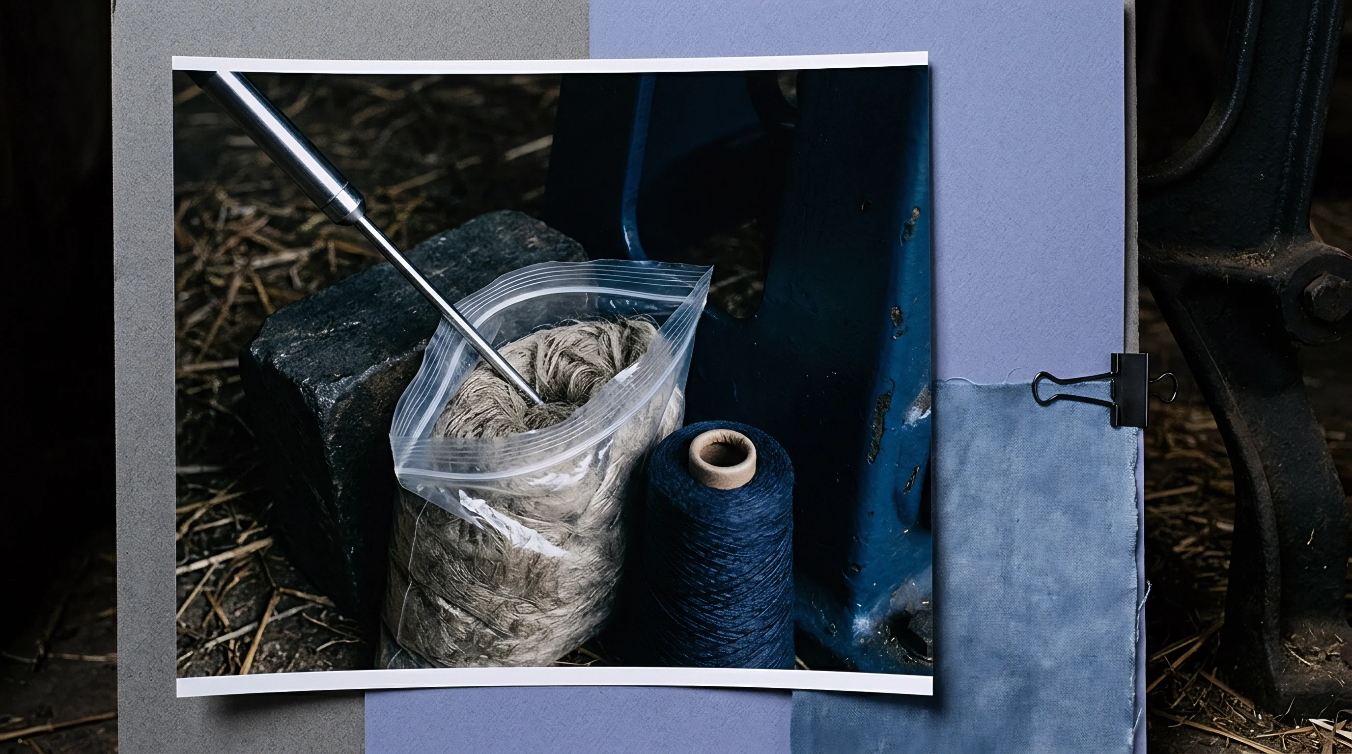 A metal probe rests in a bag of raw flax fiber beside a navy yarn spool and a fabric swatch held by a metal clip.