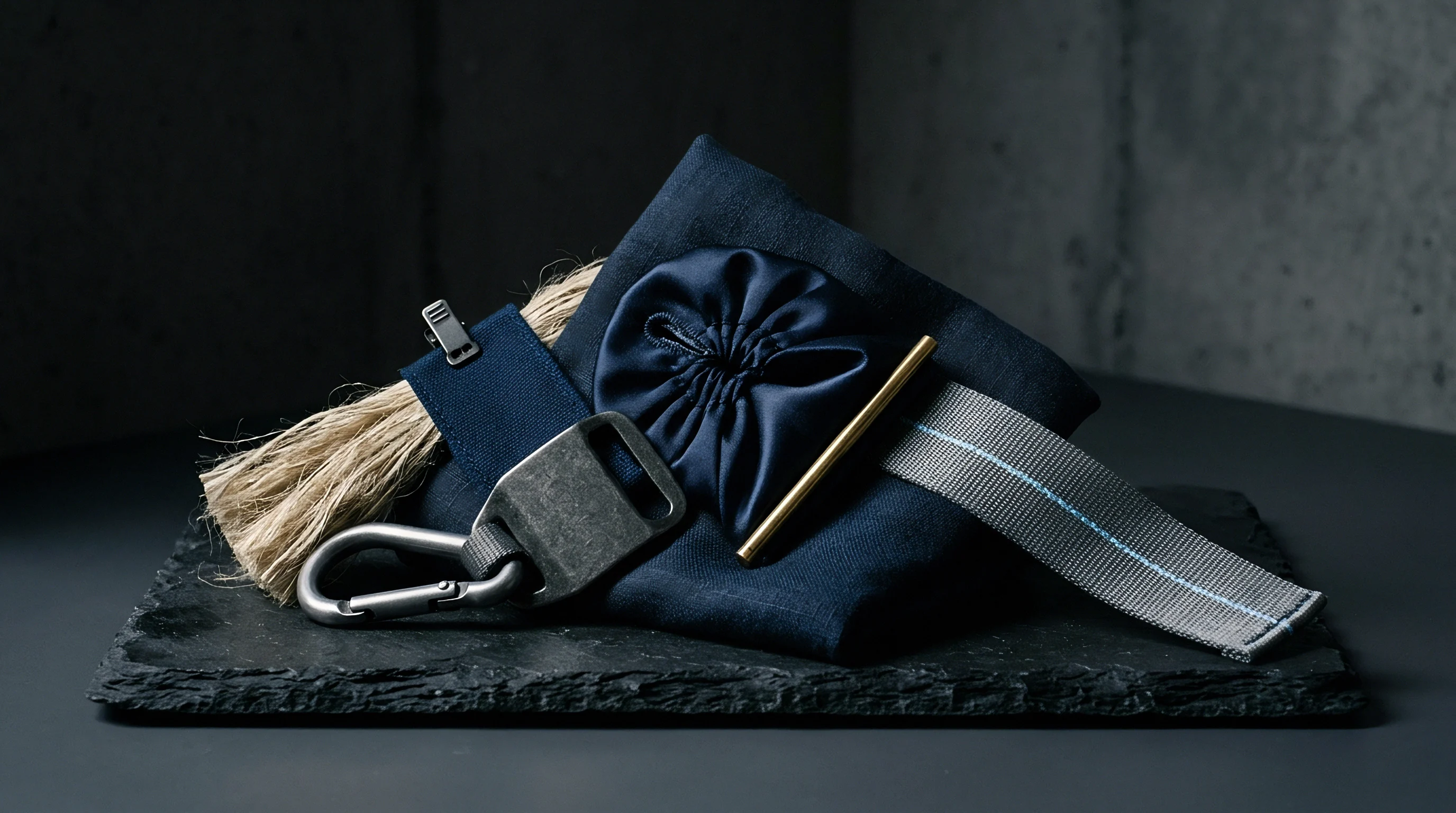Raw flax bundles and folded woven navy cloth lie beside industrial metal hardware upon a dark slate slab.