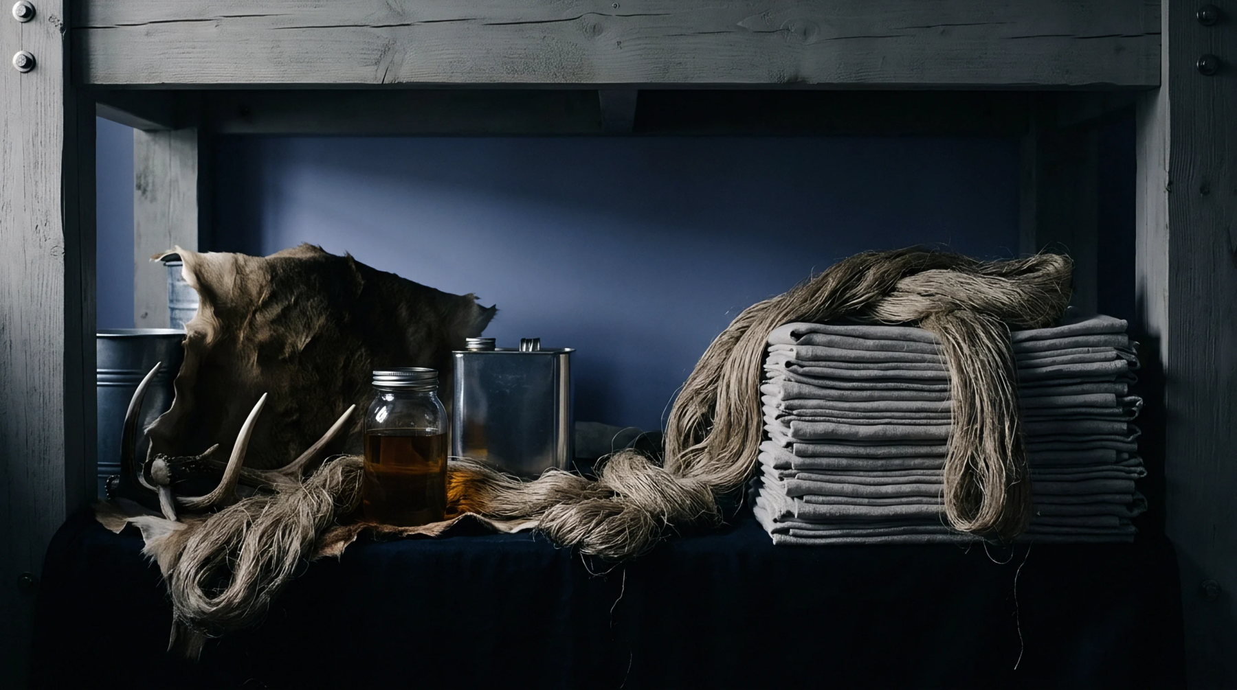 Raw flax fibers rest beside an animal hide and jars upon a dark wooden workshop shelf next to stacked linen cloth.