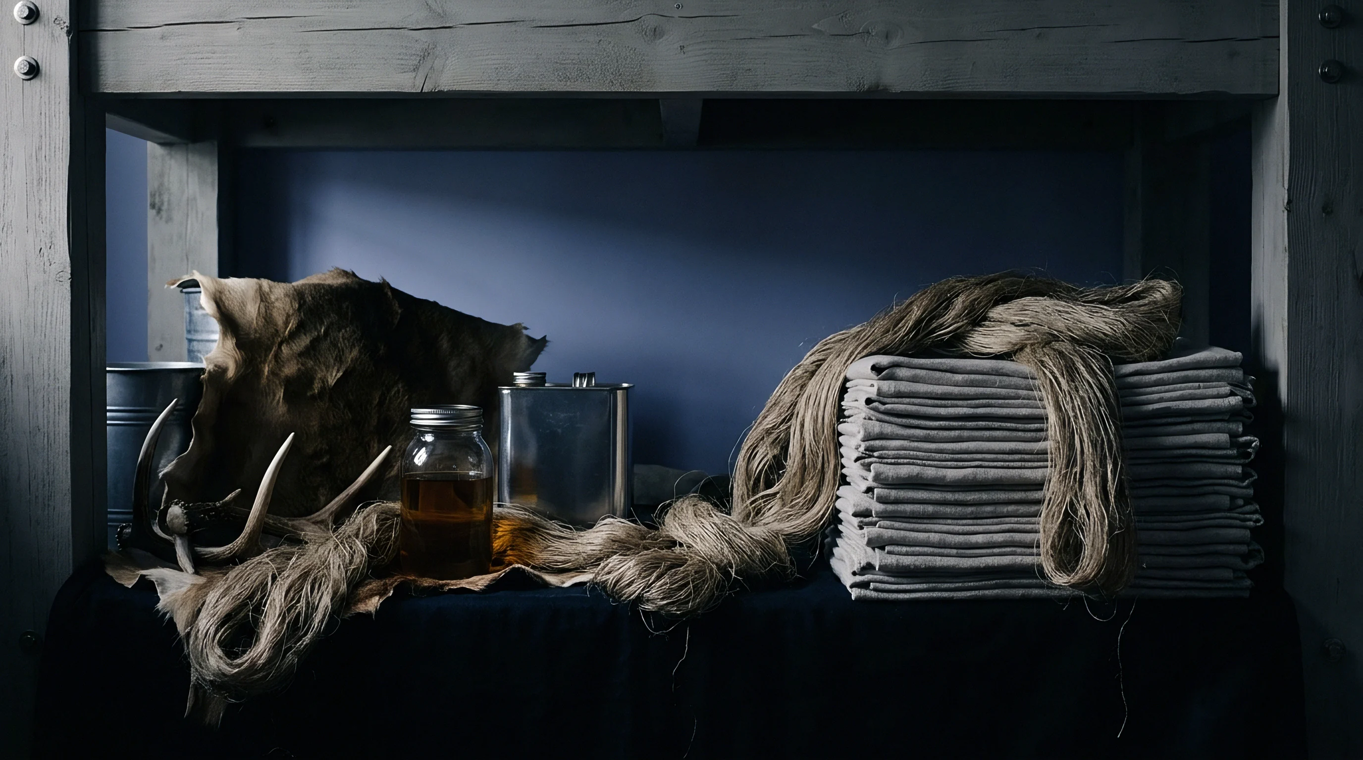 Raw flax fibers rest beside an animal hide and jars upon a dark wooden workshop shelf next to stacked linen cloth.