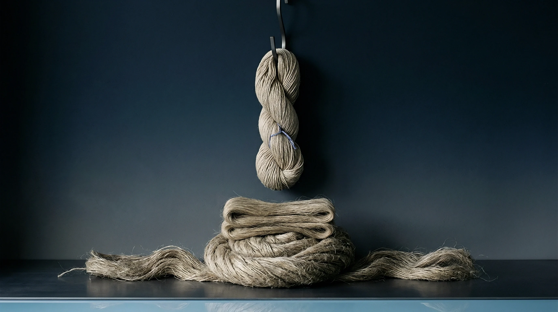A hank of grey linen yarn hangs from a metal hook above loose flax fibre bundles on a dark surface.