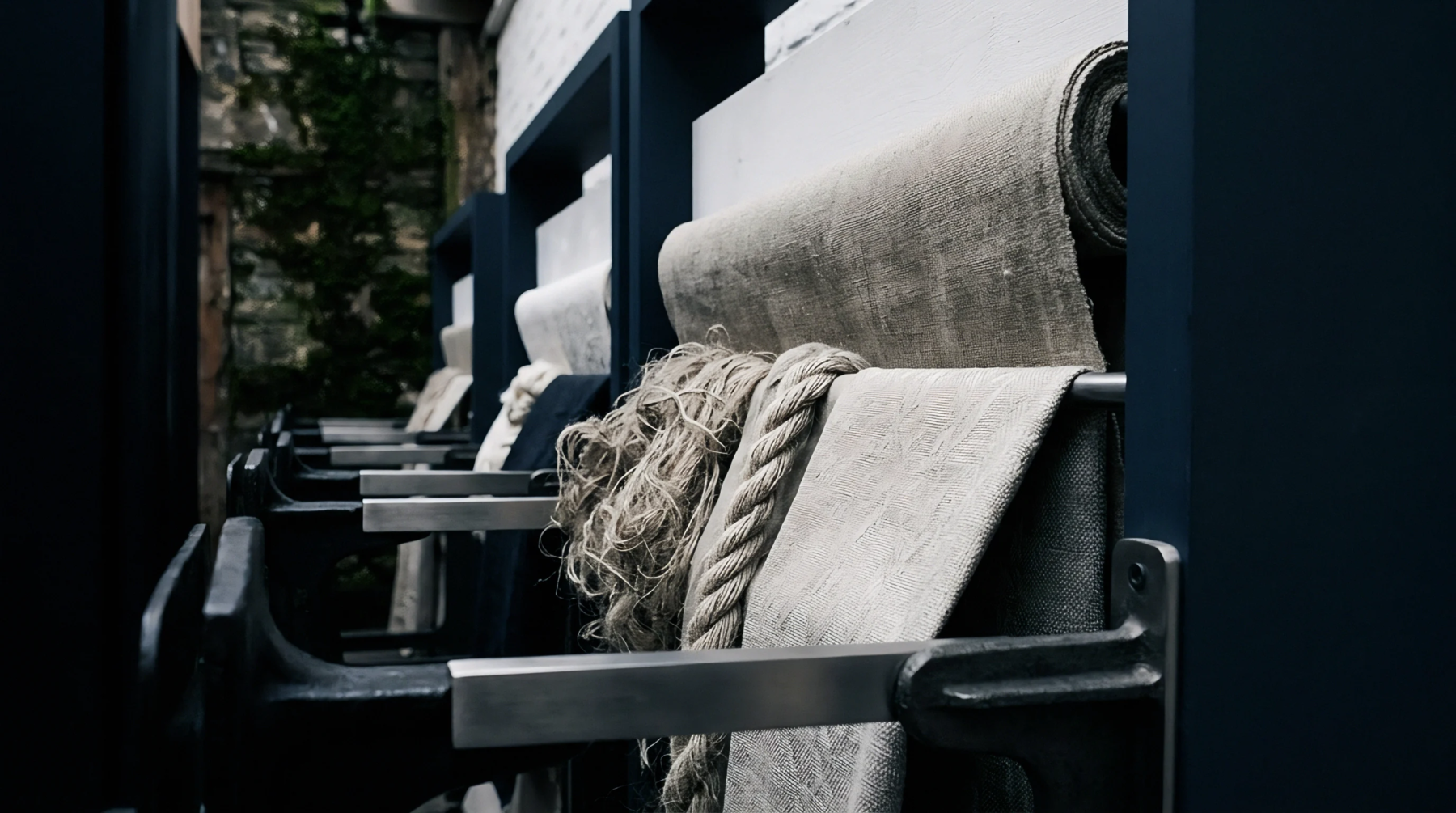 Bundles of raw flax fibre and heavy woven linen rolls rest upon industrial metal racks in a textile workshop.
