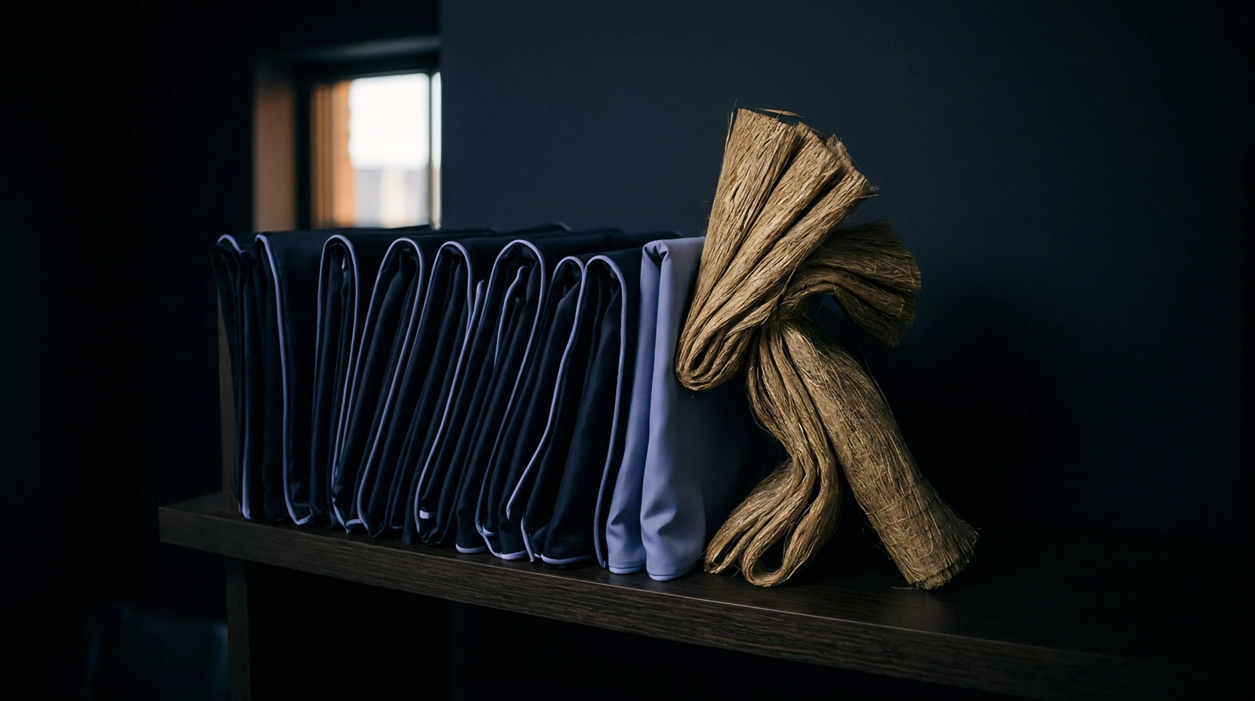 A bundle of coarse golden flax fibre rests beside a sequence of folded dark woven cloth pieces upon a dark wooden shelf.
