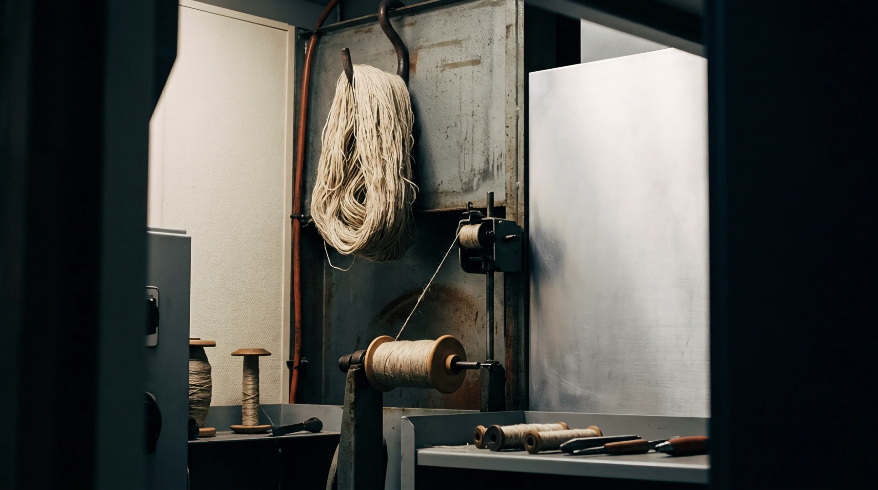 Unspun flax fibres hang in a heavy hank beside wound yarn bobbins inside an industrial textile workshop.