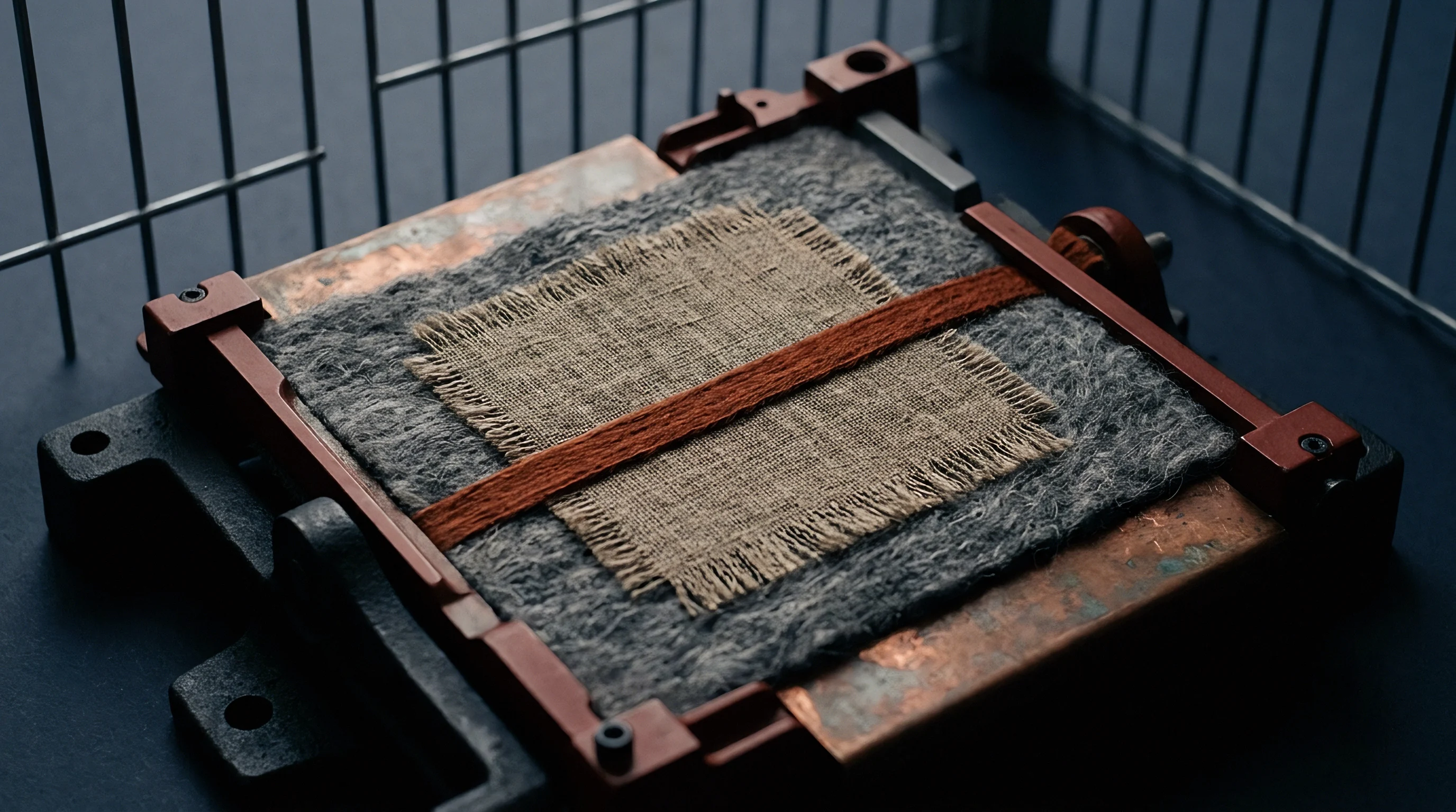 Raw flax tow and a woven linen square lie clamped within a metal laboratory press on a dark surface.