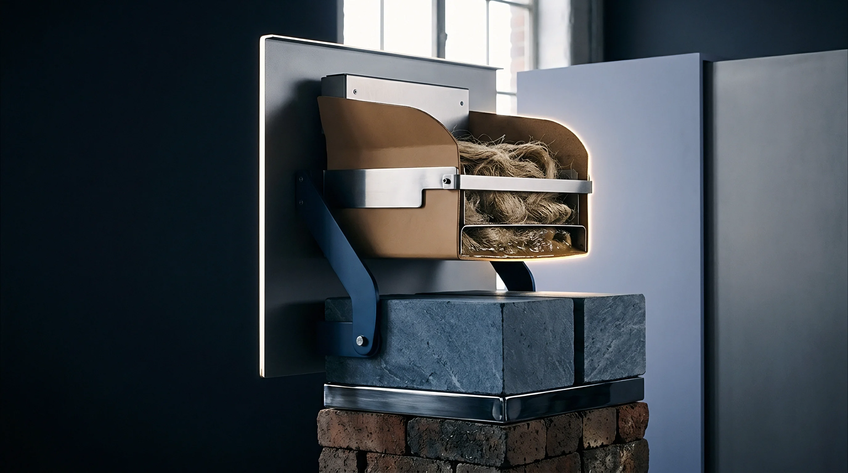 Raw flax fibres rest inside a curved metal holder mounted on a panel above stone blocks and a brick foundation.