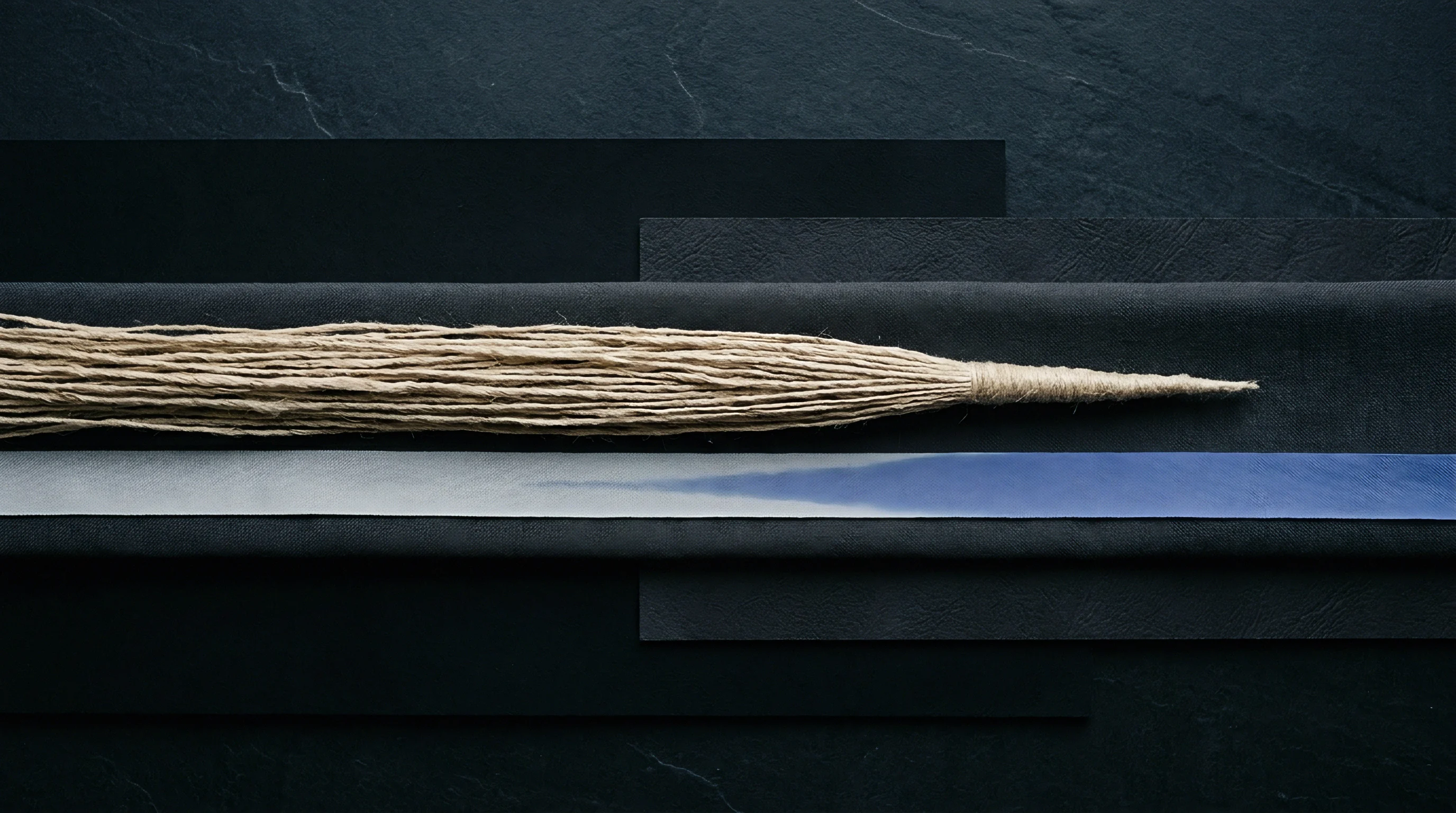 Natural flax fibre roving lies horizontally above a smooth blue woven band across layered dark slate panels.
